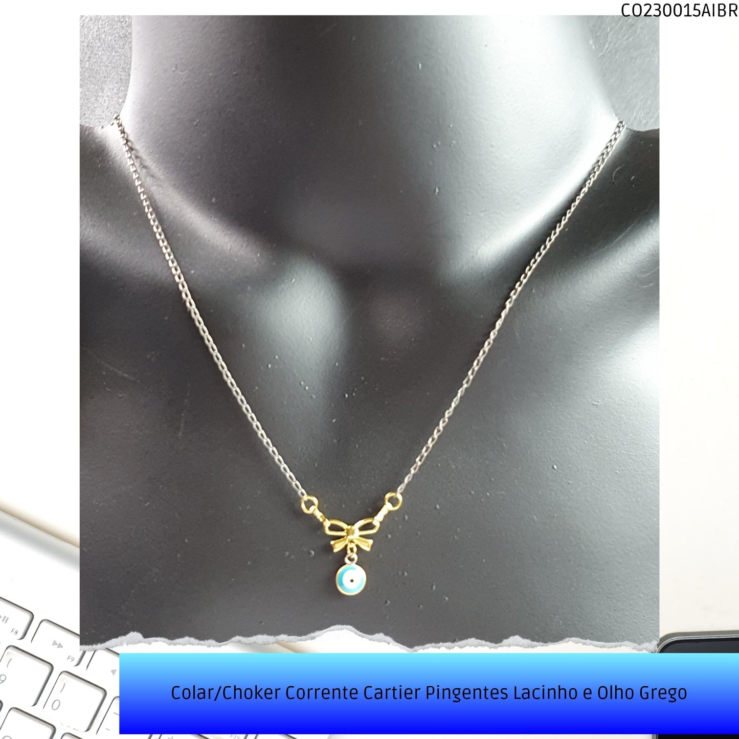 Colar/Choker Corrente Cartier Pingentes Lacinho e Olho Grego  - Código.: CO230015AIBR  - Peso.: 2.2 gr