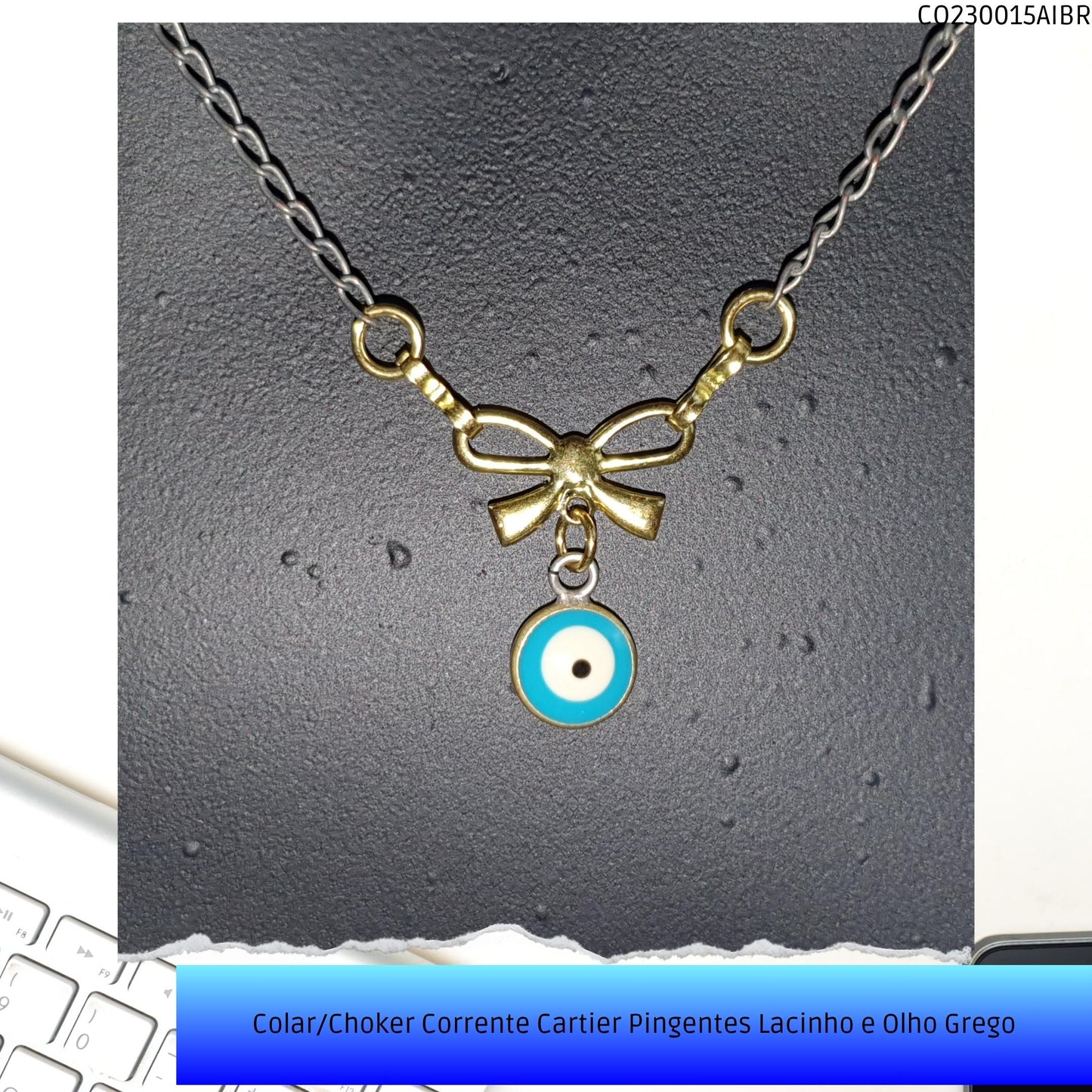 Colar/Choker Corrente Cartier Pingentes Lacinho e Olho Grego  - Código.: CO230015AIBR  - Peso.: 2.2 gr