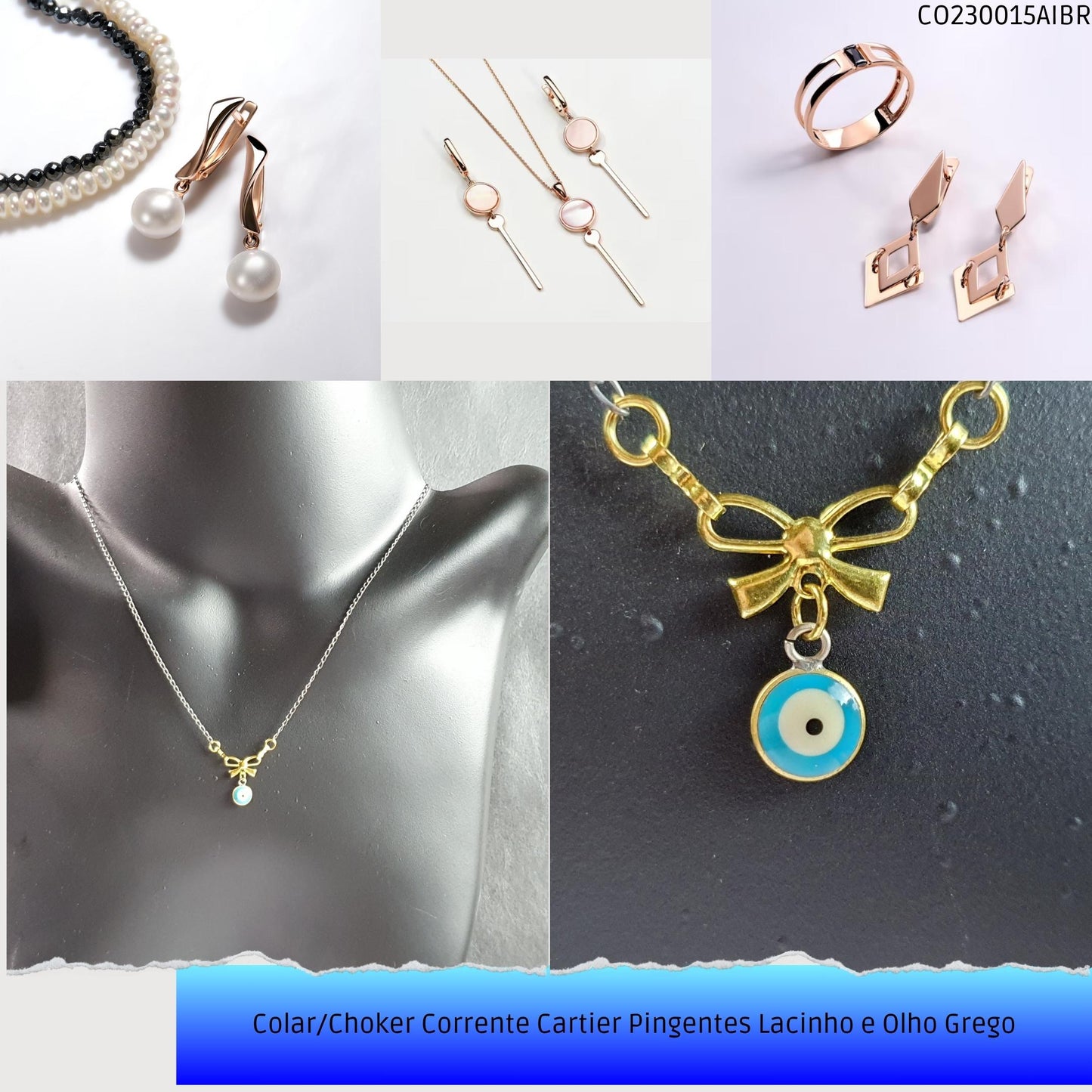 Colar/Choker Corrente Cartier Pingentes Lacinho e Olho Grego  - Código.: CO230015AIBR  - Peso.: 2.2 gr