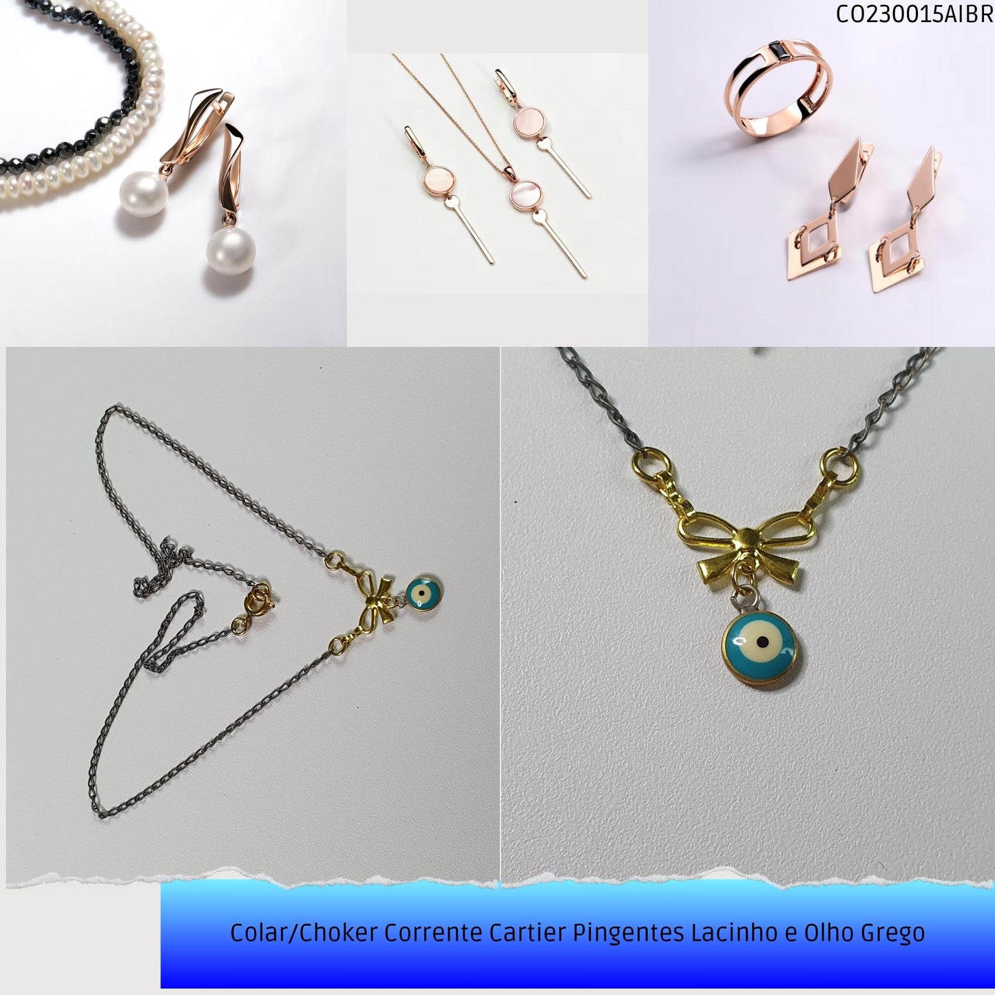 Colar/Choker Corrente Cartier Pingentes Lacinho e Olho Grego  - Código.: CO230015AIBR  - Peso.: 2.2 gr
