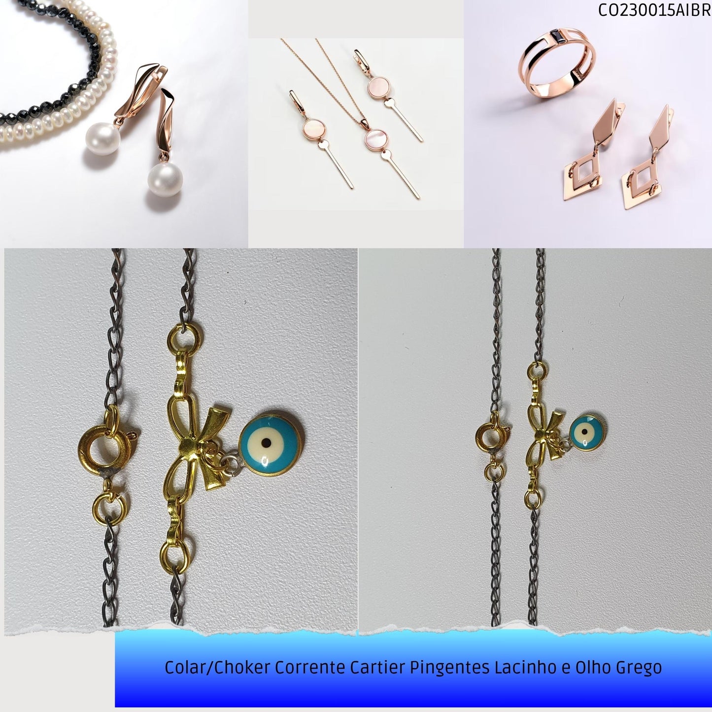 Colar/Choker Corrente Cartier Pingentes Lacinho e Olho Grego  - Código.: CO230015AIBR  - Peso.: 2.2 gr