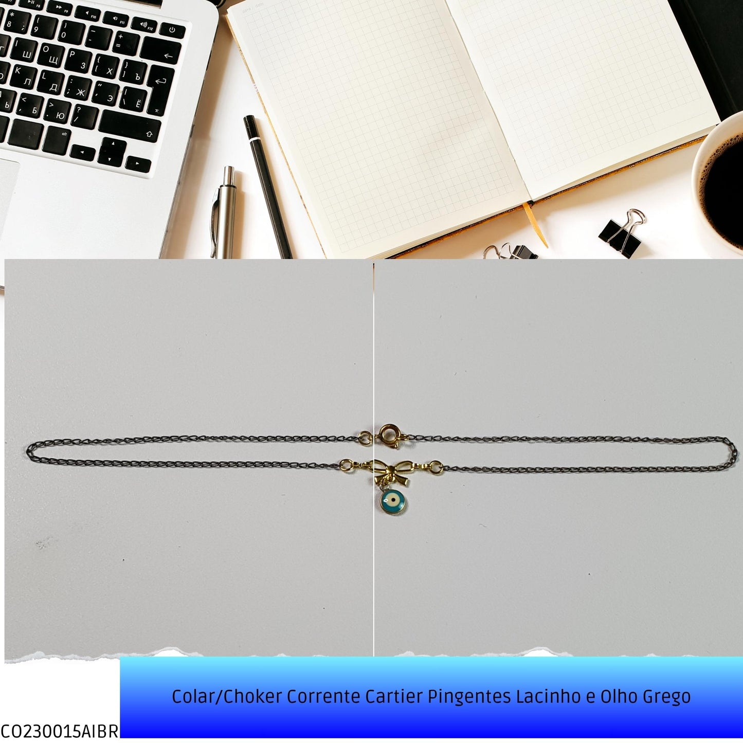 Colar/Choker Corrente Cartier Pingentes Lacinho e Olho Grego  - Código.: CO230015AIBR  - Peso.: 2.2 gr