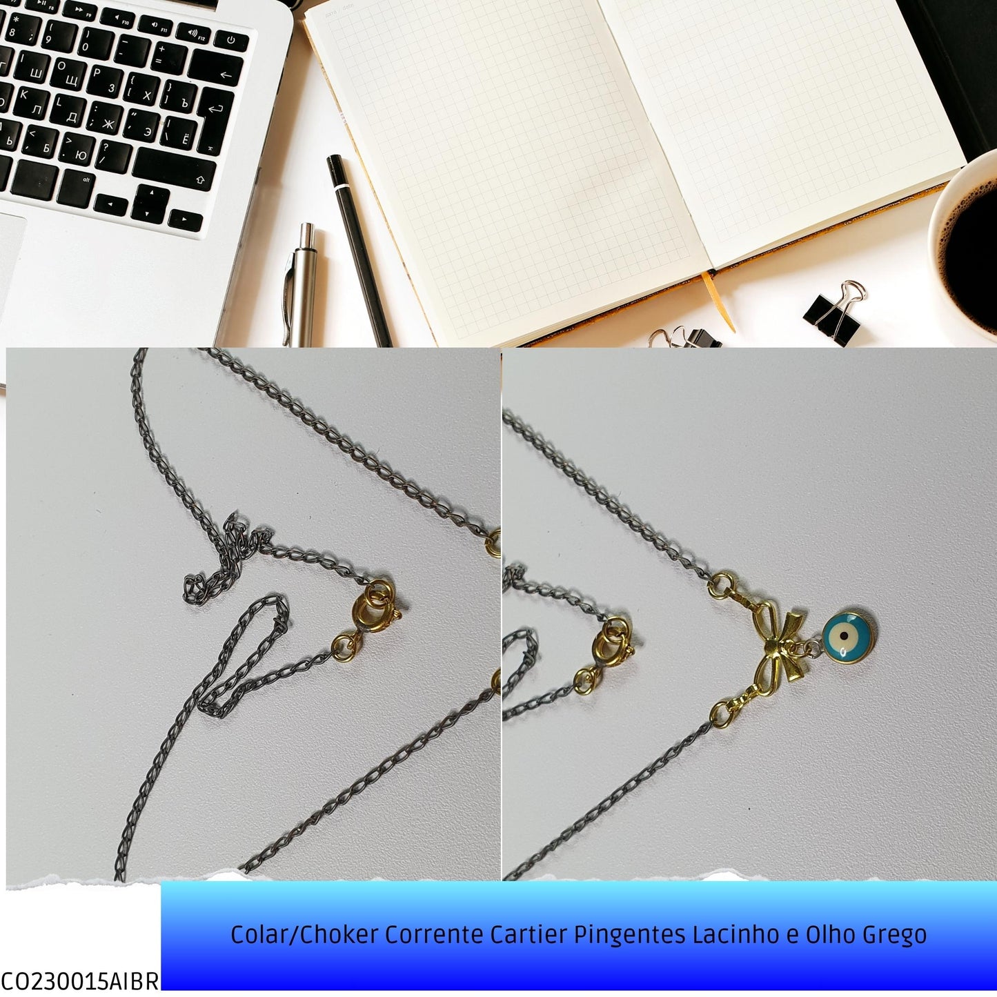 Colar/Choker Corrente Cartier Pingentes Lacinho e Olho Grego  - Código.: CO230015AIBR  - Peso.: 2.2 gr
