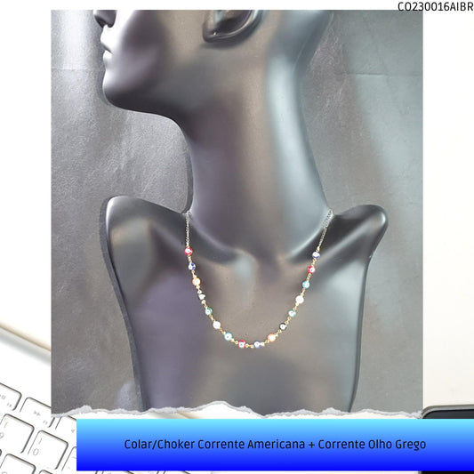 Colar/Choker Corrente Americana + Corrente Olho Grego  - Código.: CO230016AIBR  - Peso.: 8.2 gr