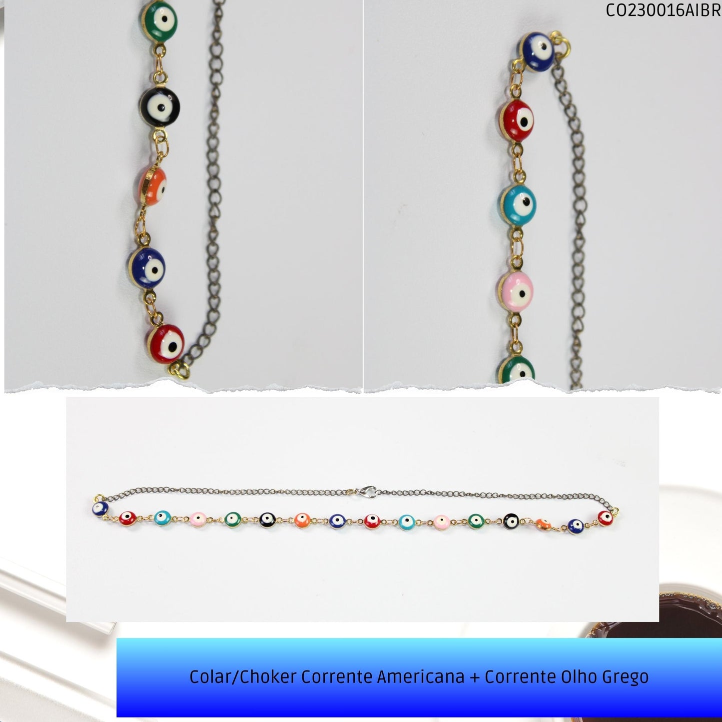 Colar/Choker Corrente Americana + Corrente Olho Grego  - Código.: CO230016AIBR  - Peso.: 8.2 gr