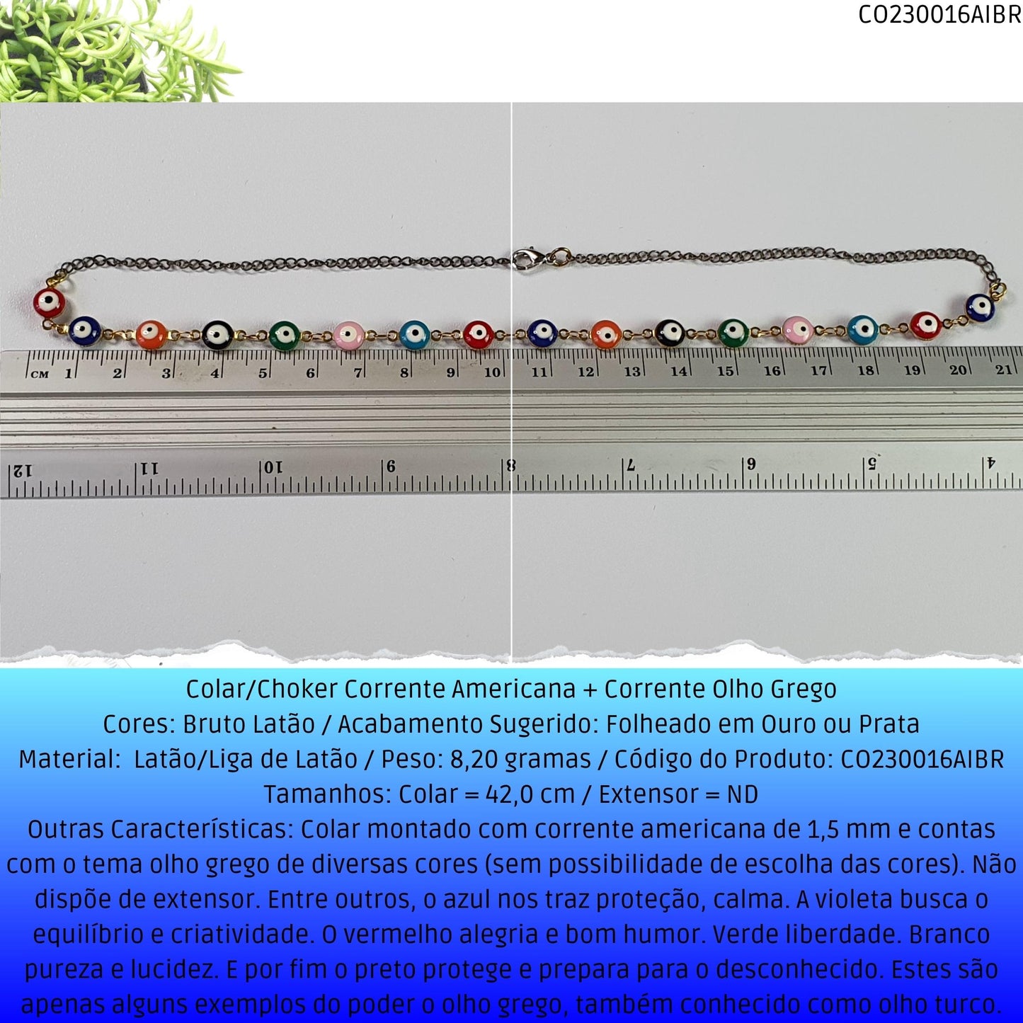Colar/Choker Corrente Americana + Corrente Olho Grego  - Código.: CO230016AIBR  - Peso.: 8.2 gr