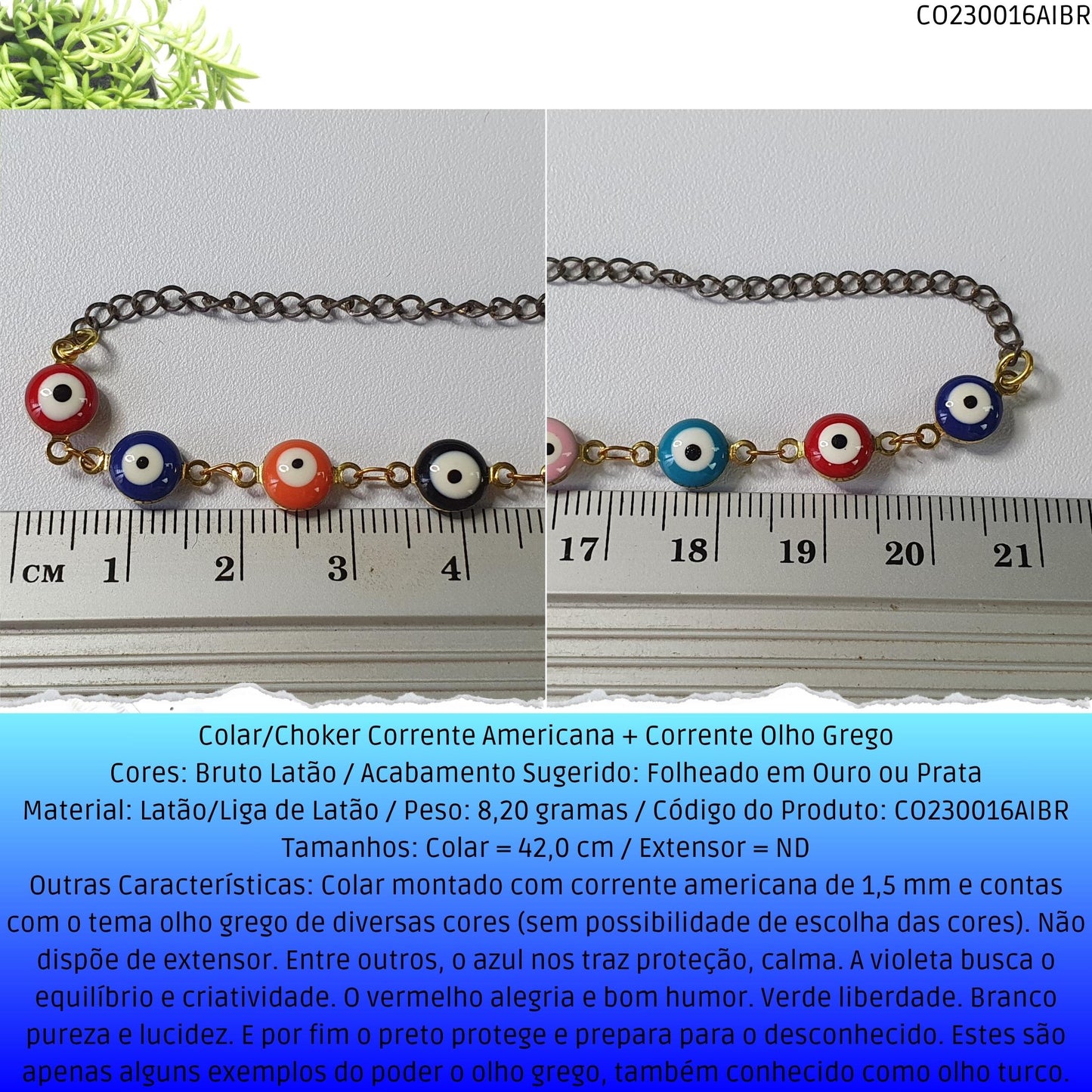 Colar/Choker Corrente Americana + Corrente Olho Grego  - Código.: CO230016AIBR  - Peso.: 8.2 gr