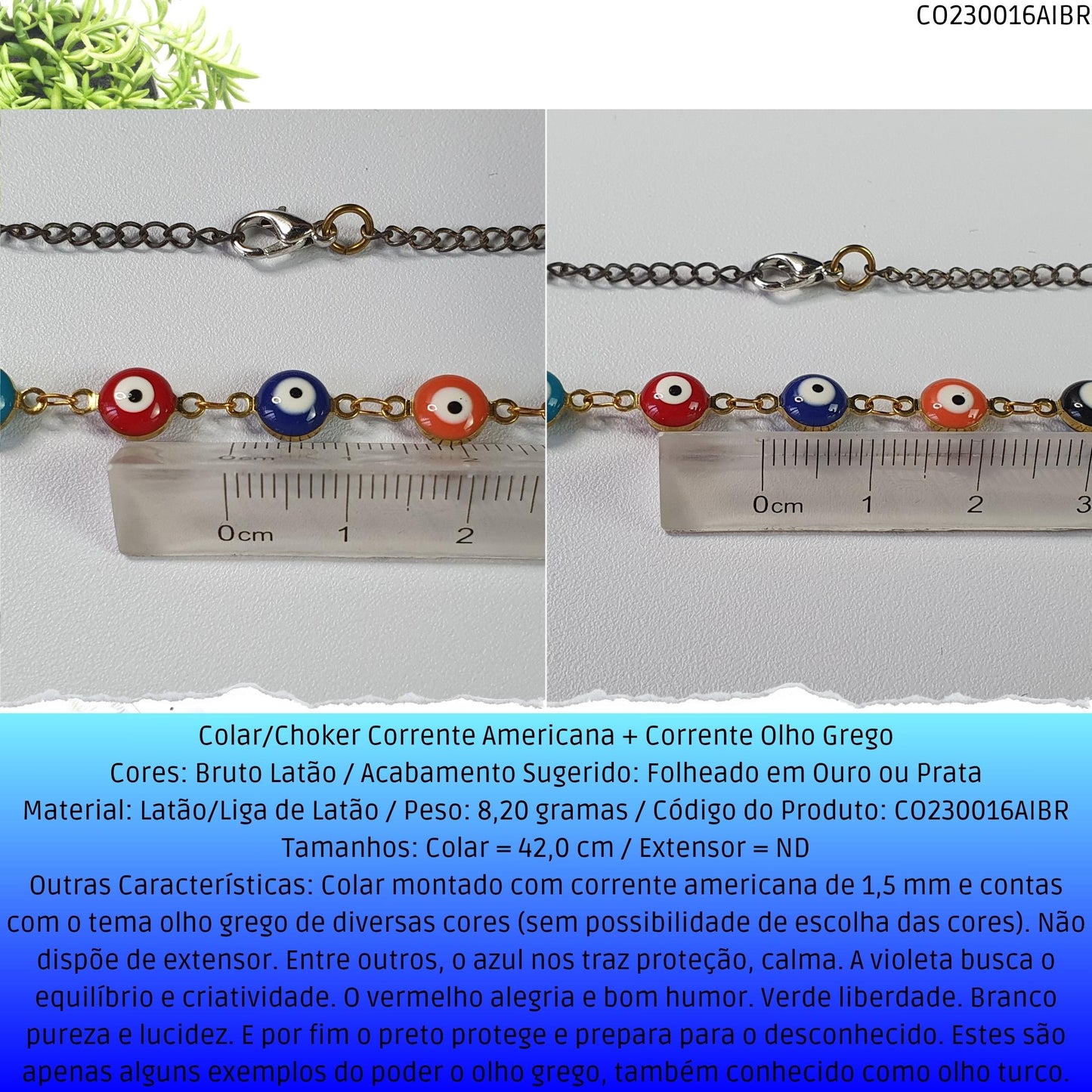 Colar/Choker Corrente Americana + Corrente Olho Grego  - Código.: CO230016AIBR  - Peso.: 8.2 gr
