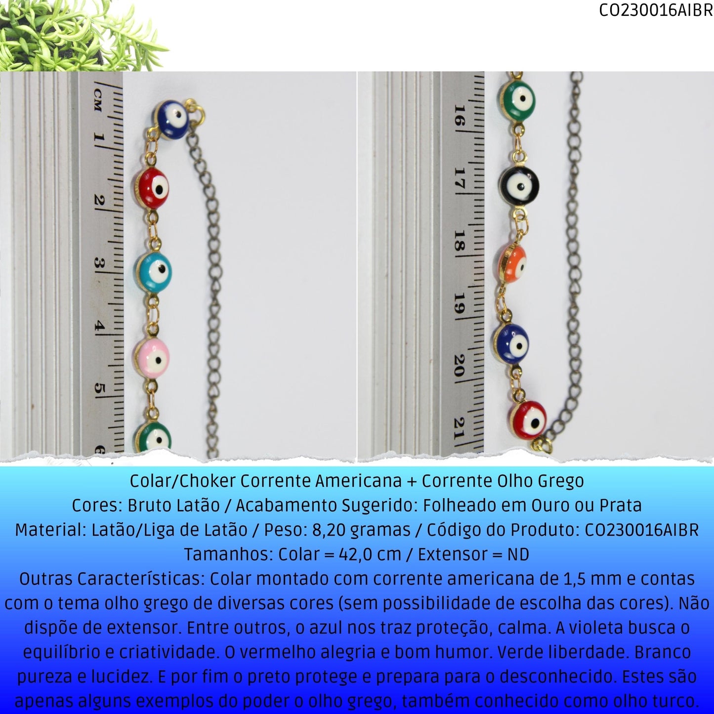 Colar/Choker Corrente Americana + Corrente Olho Grego  - Código.: CO230016AIBR  - Peso.: 8.2 gr