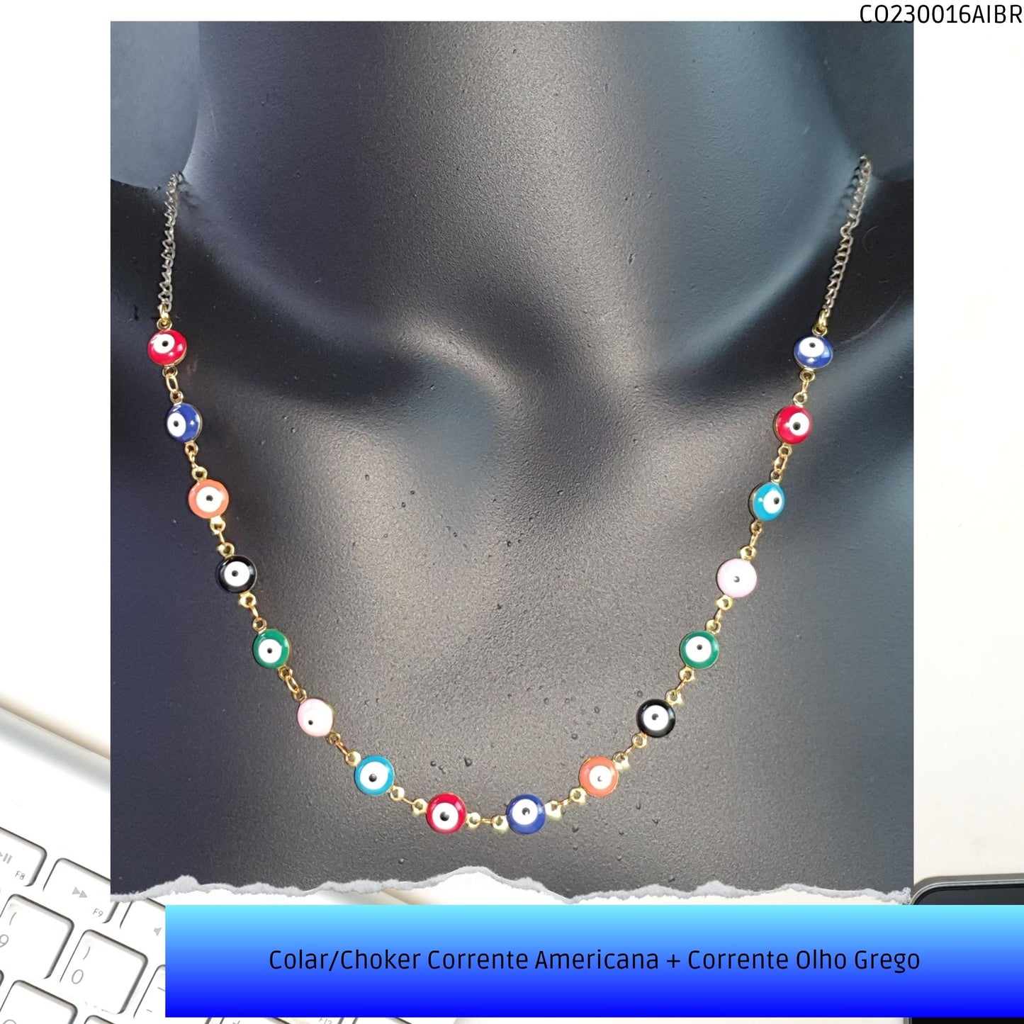 Colar/Choker Corrente Americana + Corrente Olho Grego  - Código.: CO230016AIBR  - Peso.: 8.2 gr
