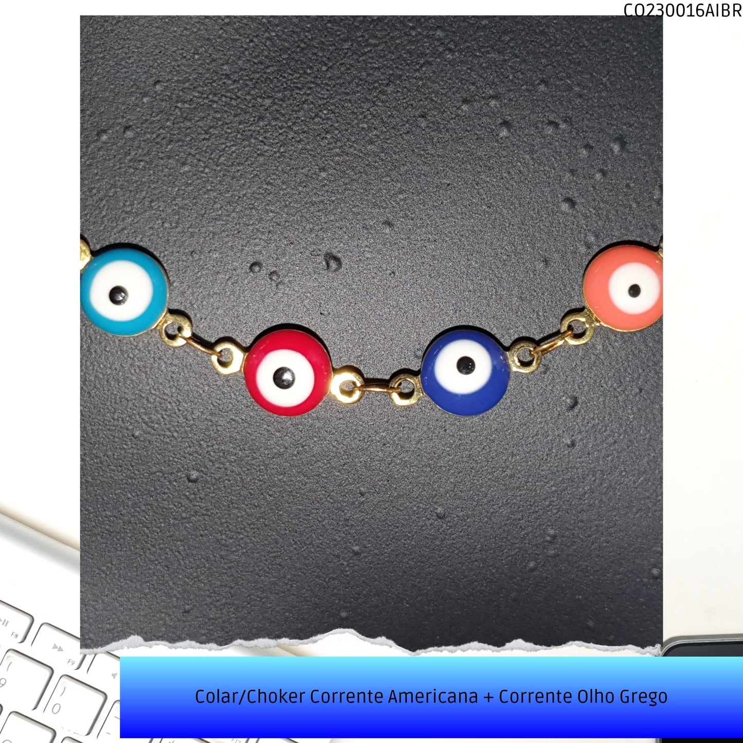 Colar/Choker Corrente Americana + Corrente Olho Grego  - Código.: CO230016AIBR  - Peso.: 8.2 gr
