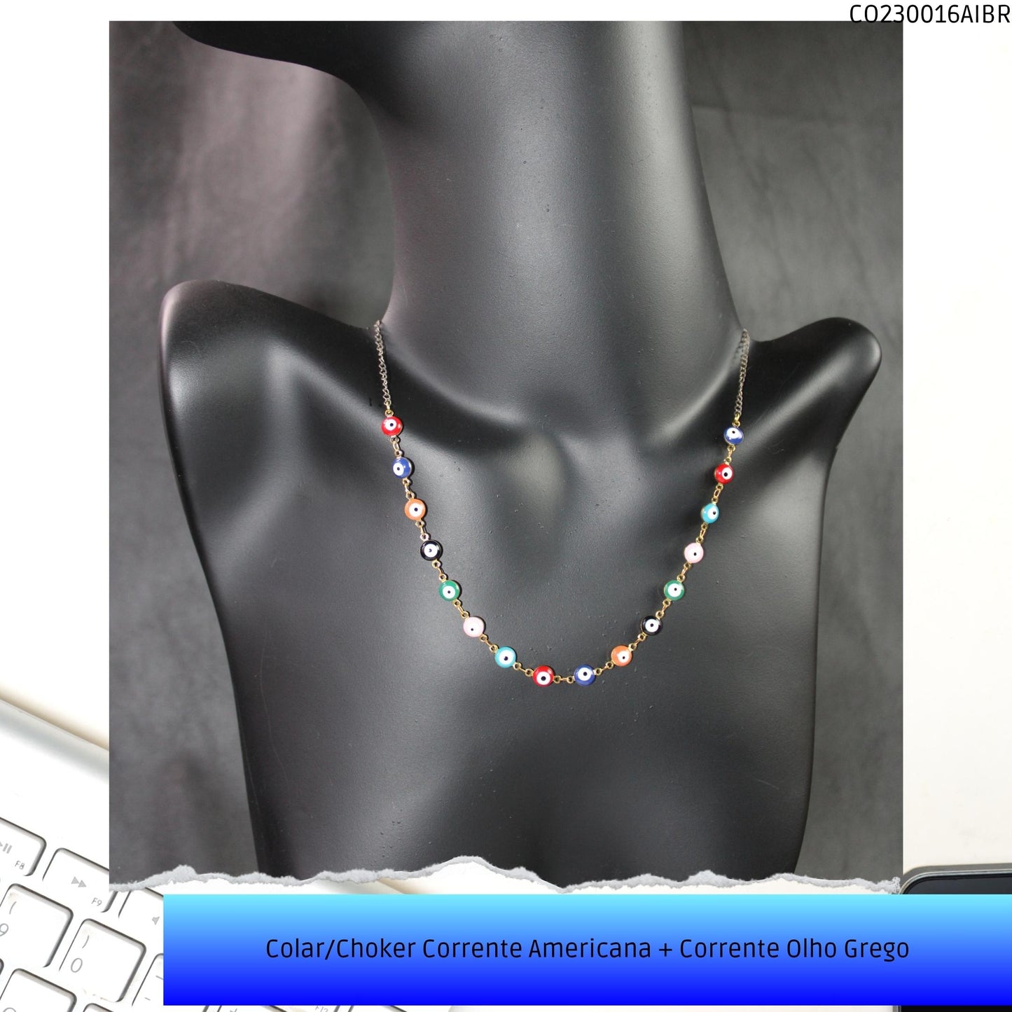 Colar/Choker Corrente Americana + Corrente Olho Grego  - Código.: CO230016AIBR  - Peso.: 8.2 gr