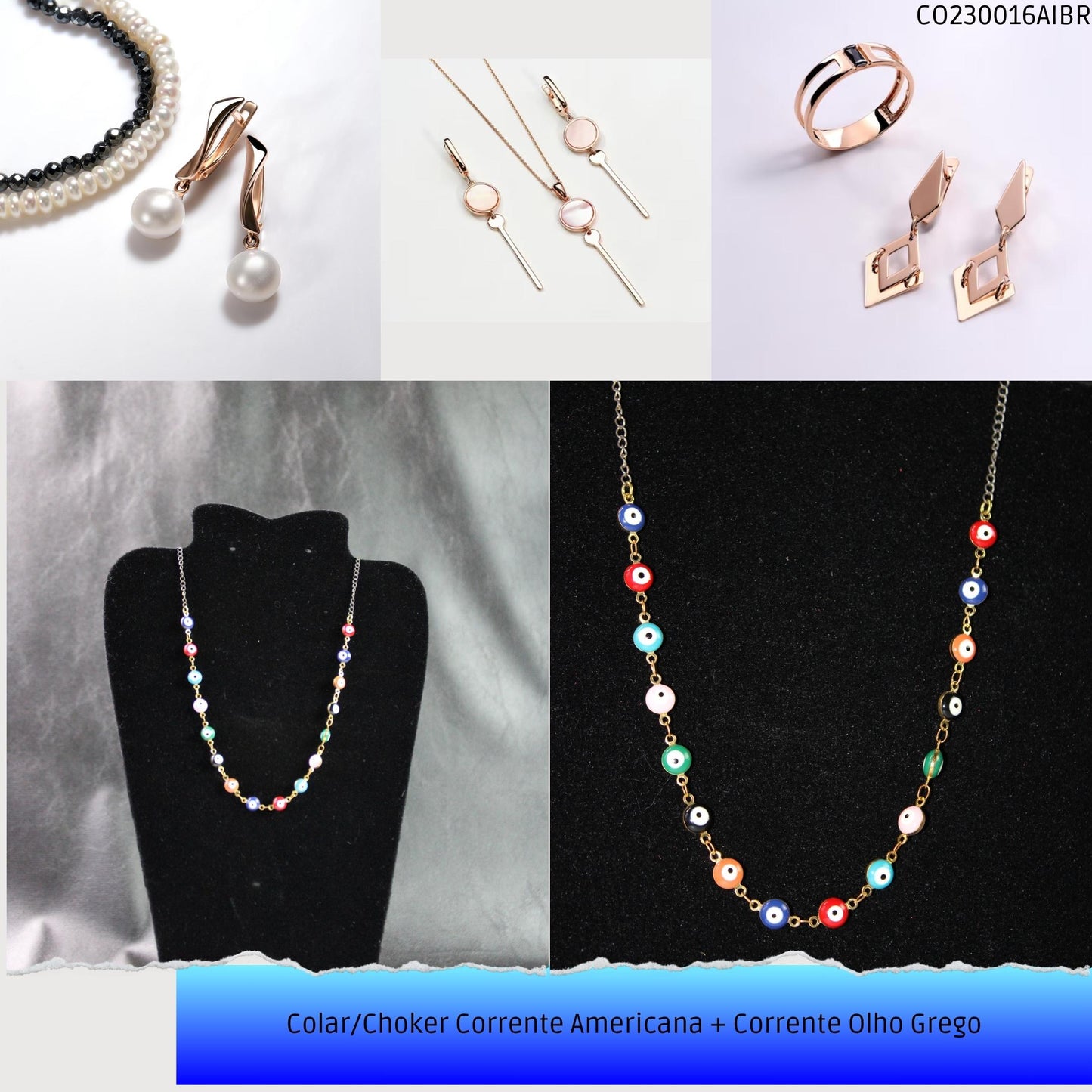 Colar/Choker Corrente Americana + Corrente Olho Grego  - Código.: CO230016AIBR  - Peso.: 8.2 gr