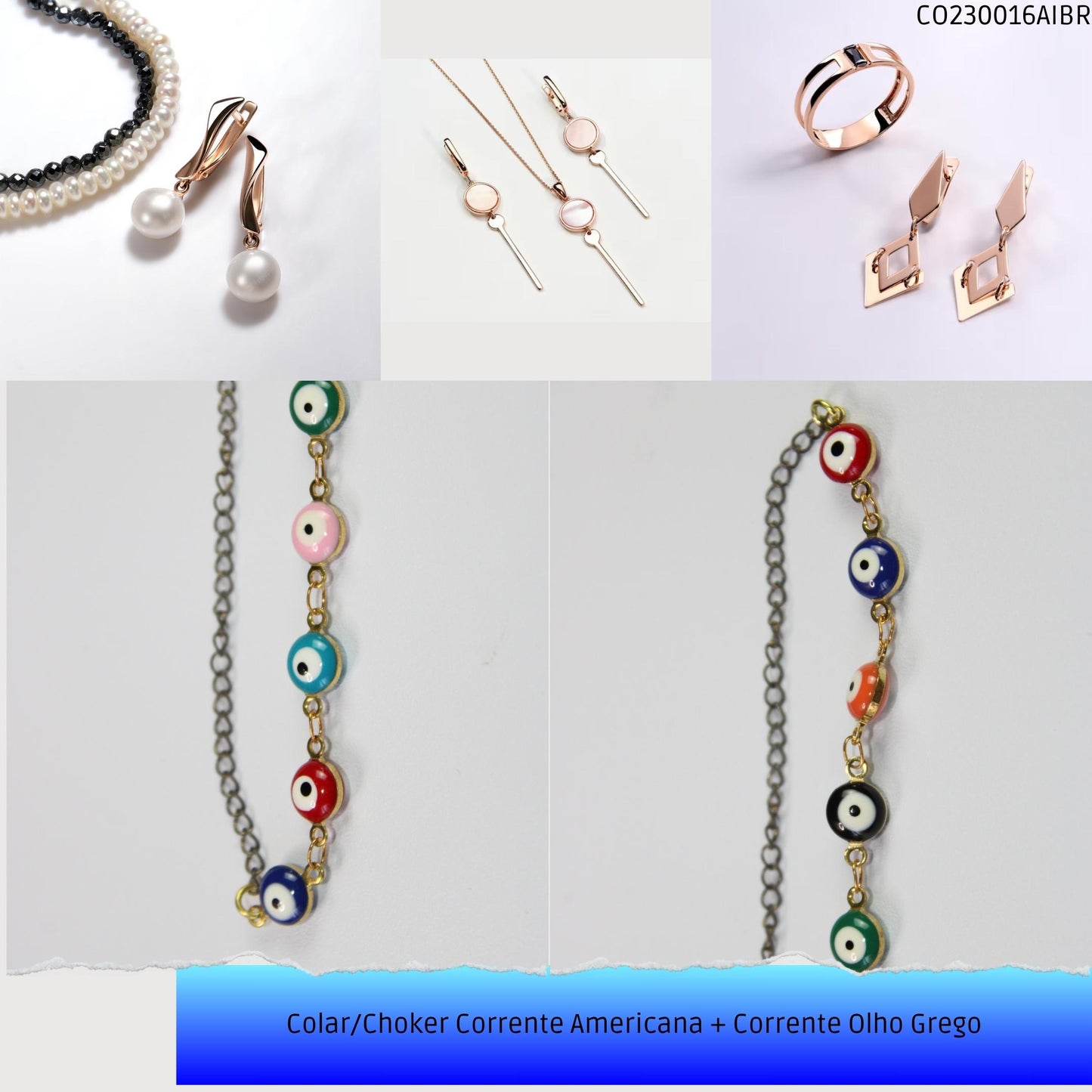Colar/Choker Corrente Americana + Corrente Olho Grego  - Código.: CO230016AIBR  - Peso.: 8.2 gr