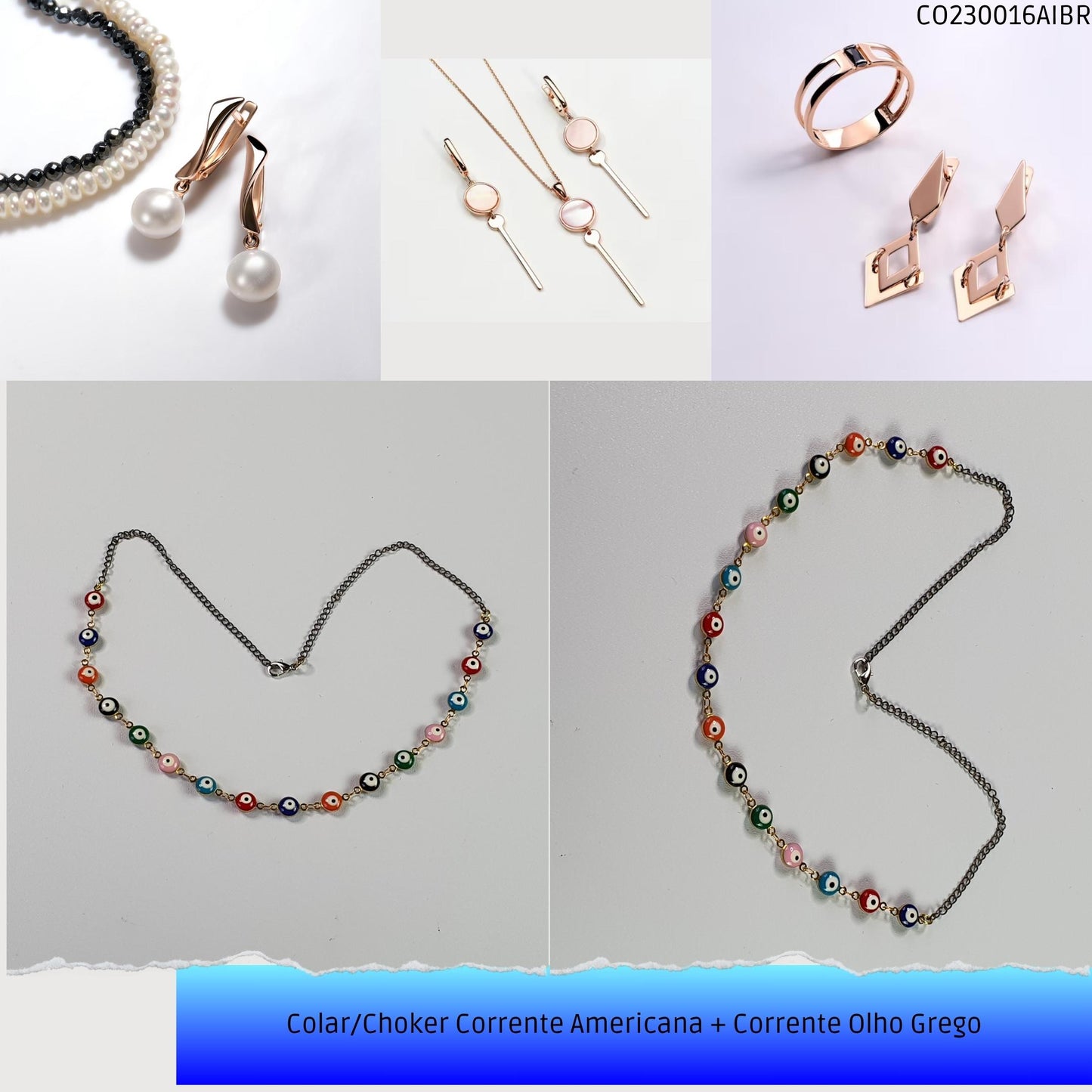 Colar/Choker Corrente Americana + Corrente Olho Grego  - Código.: CO230016AIBR  - Peso.: 8.2 gr