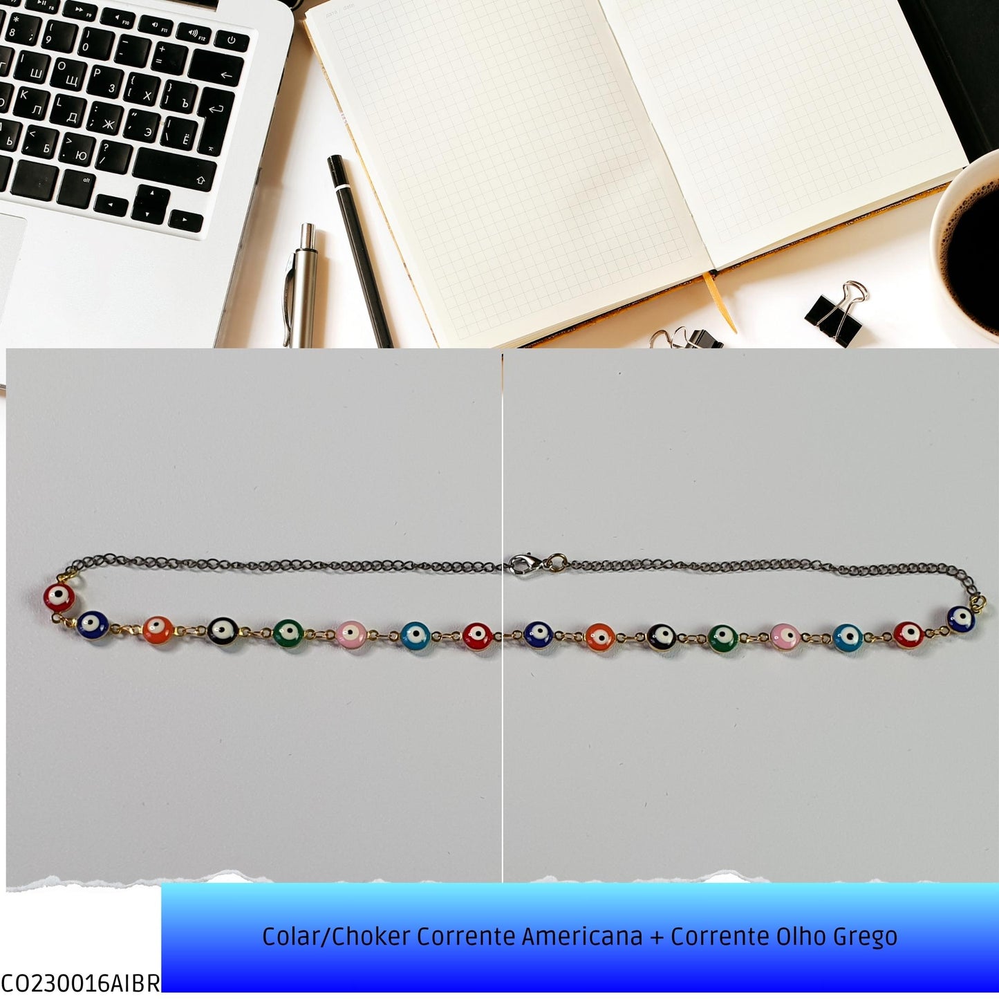 Colar/Choker Corrente Americana + Corrente Olho Grego  - Código.: CO230016AIBR  - Peso.: 8.2 gr