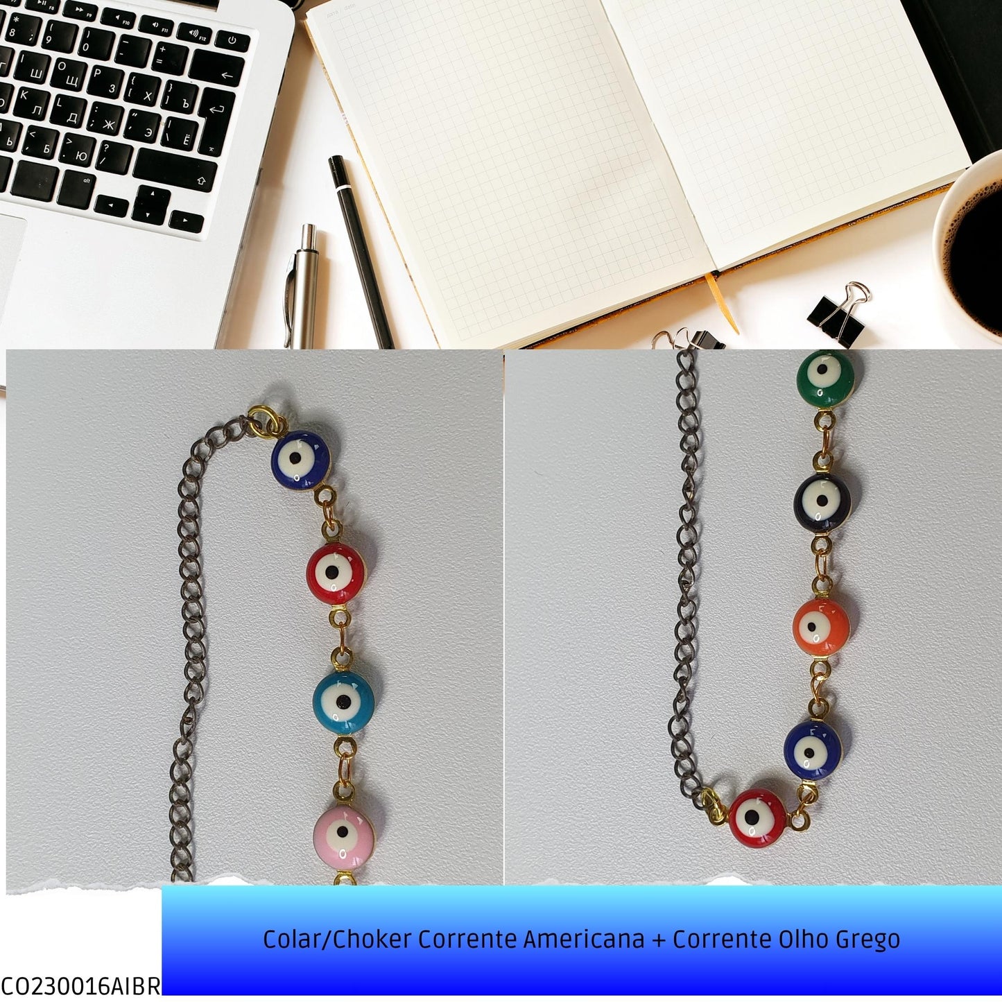 Colar/Choker Corrente Americana + Corrente Olho Grego  - Código.: CO230016AIBR  - Peso.: 8.2 gr