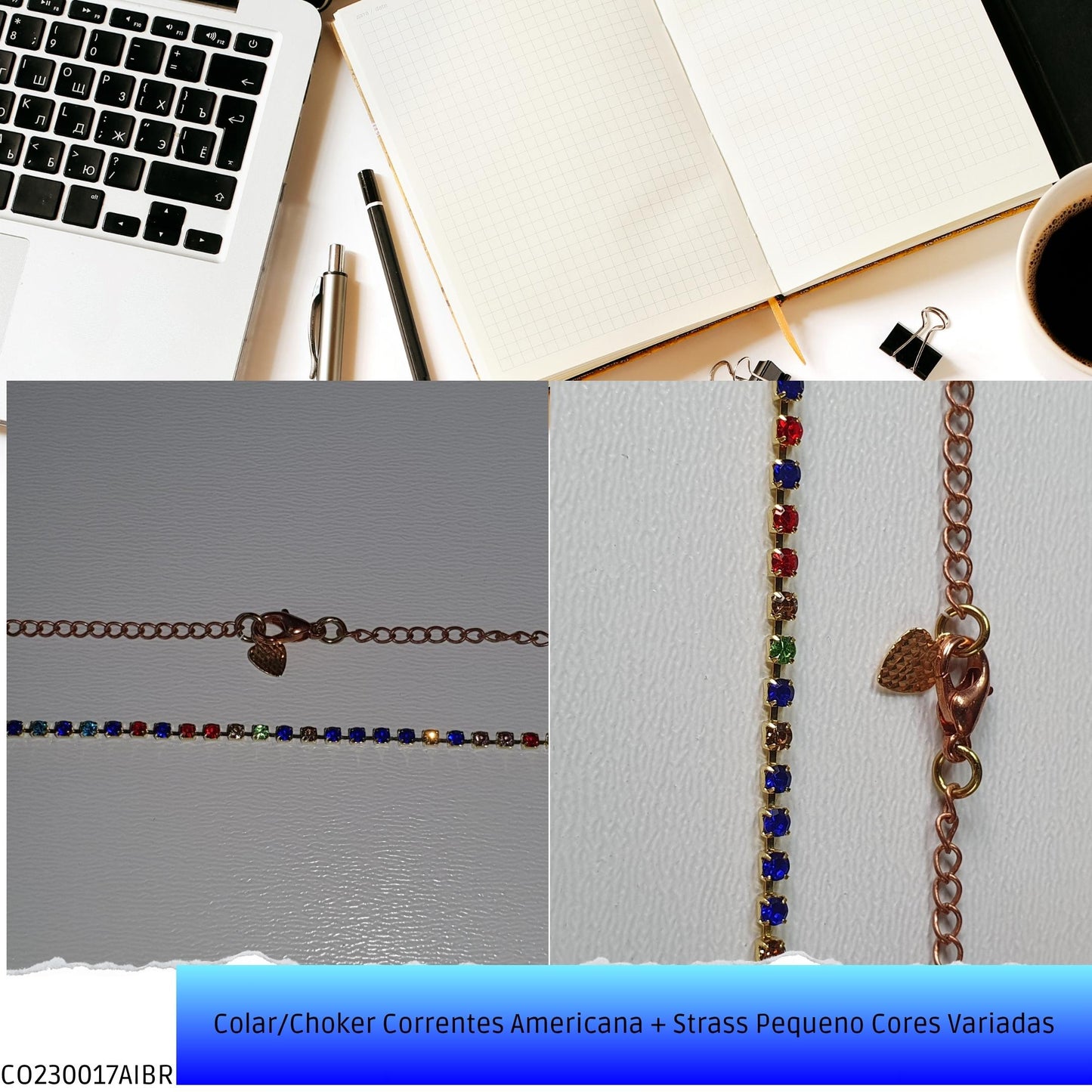 Colar/Choker Correntes Americana + Strass Pequeno Cores Variadas  - Código.: CO230017AIBR  - Peso.: 3.0 gr