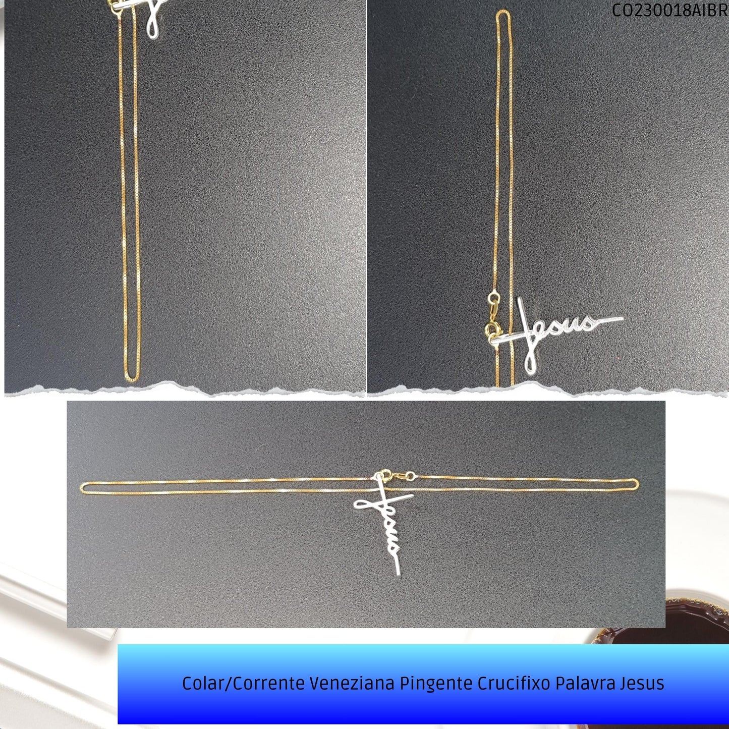 Colar/Corrente Veneziana Pingente Crucifixo Palavra Jesus  - Código.: CO230018AIBR  - Peso.: 4.1 gr