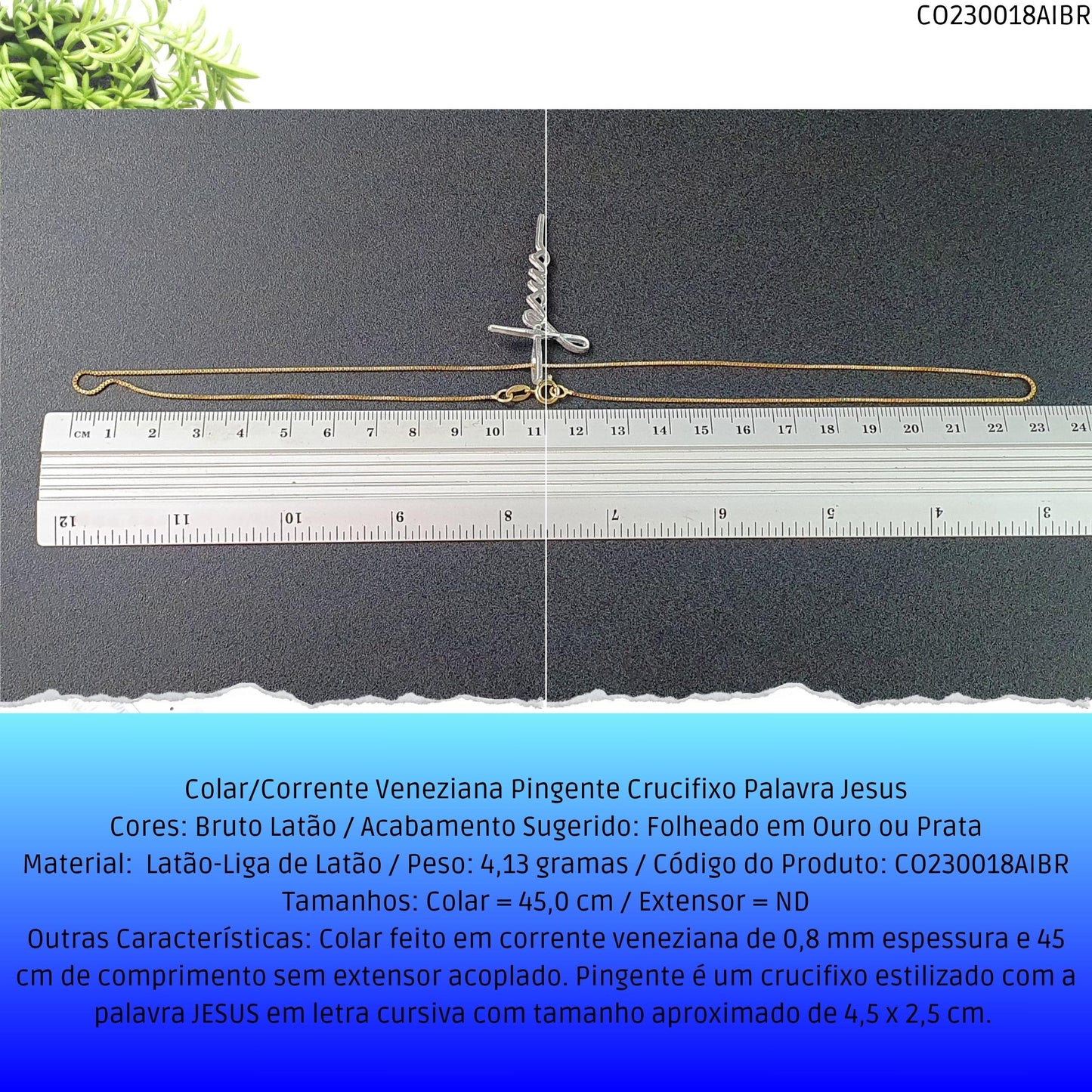 Colar/Corrente Veneziana Pingente Crucifixo Palavra Jesus  - Código.: CO230018AIBR  - Peso.: 4.1 gr
