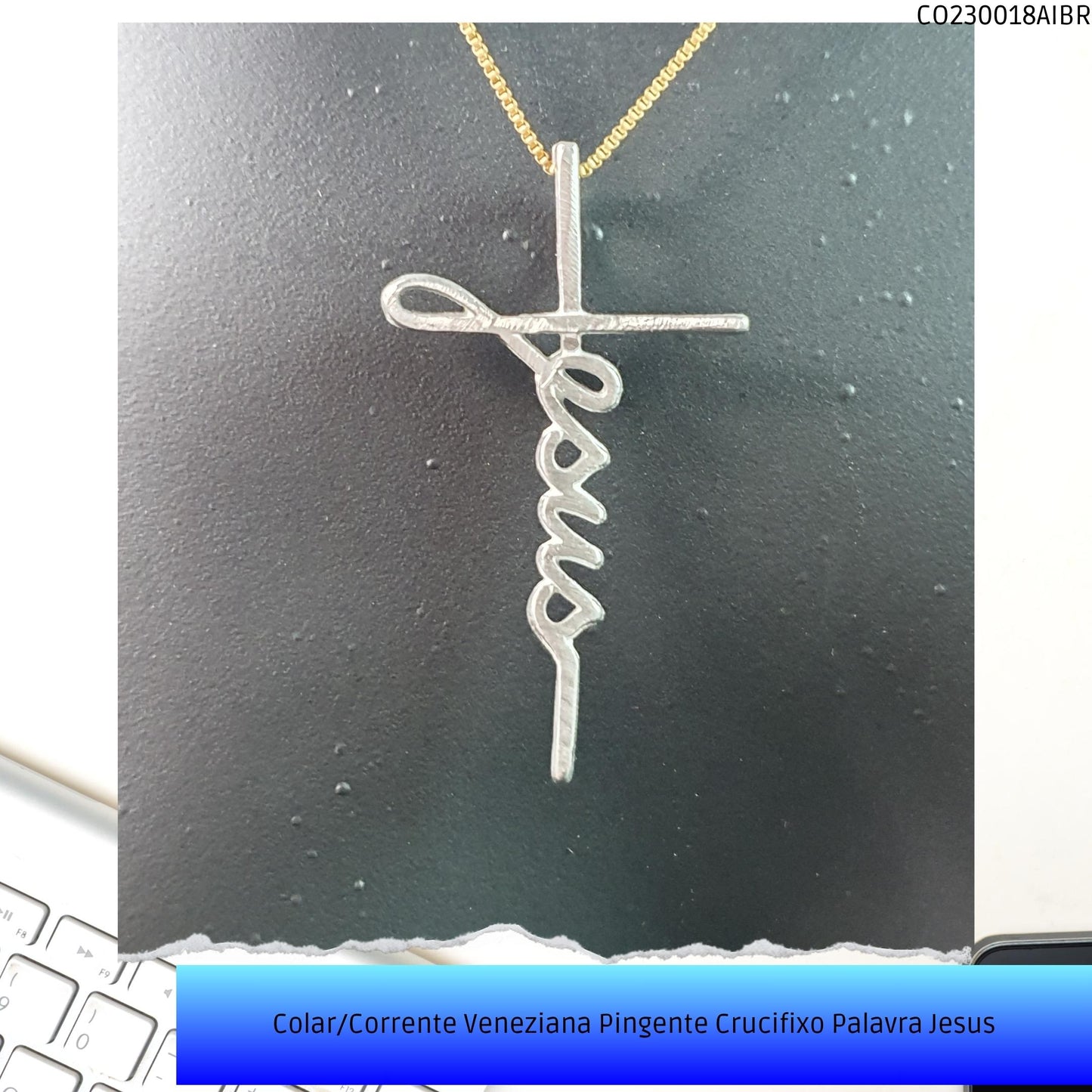 Colar/Corrente Veneziana Pingente Crucifixo Palavra Jesus  - Código.: CO230018AIBR  - Peso.: 4.1 gr