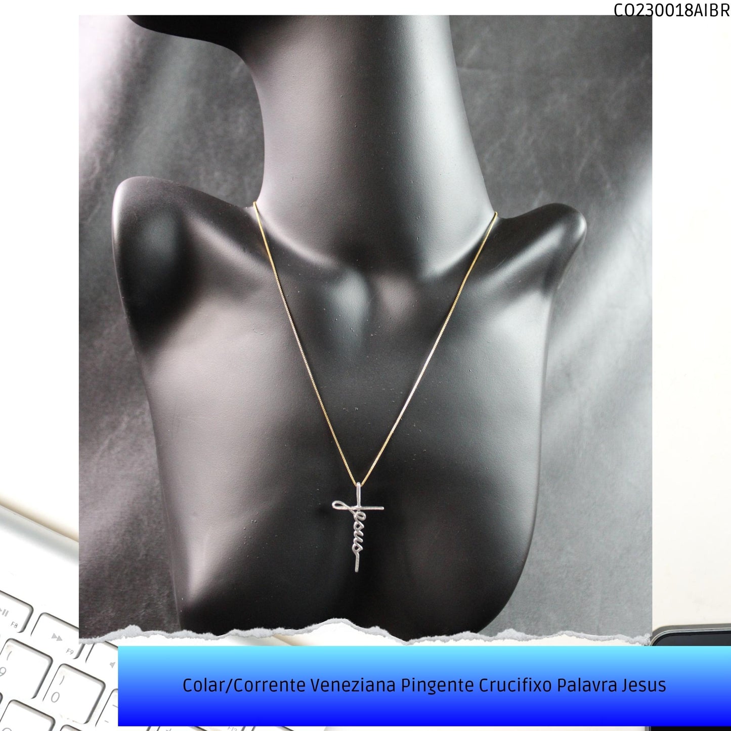 Colar/Corrente Veneziana Pingente Crucifixo Palavra Jesus  - Código.: CO230018AIBR  - Peso.: 4.1 gr