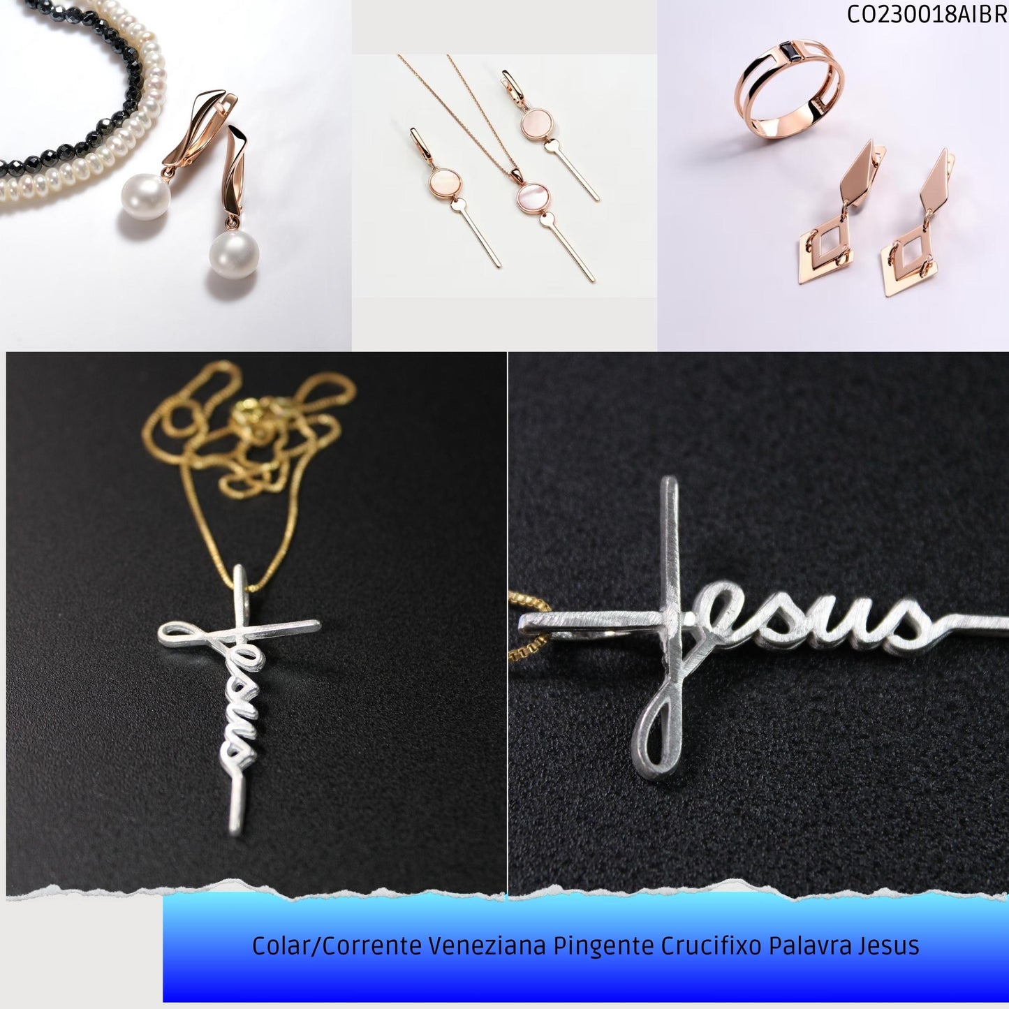 Colar/Corrente Veneziana Pingente Crucifixo Palavra Jesus  - Código.: CO230018AIBR  - Peso.: 4.1 gr