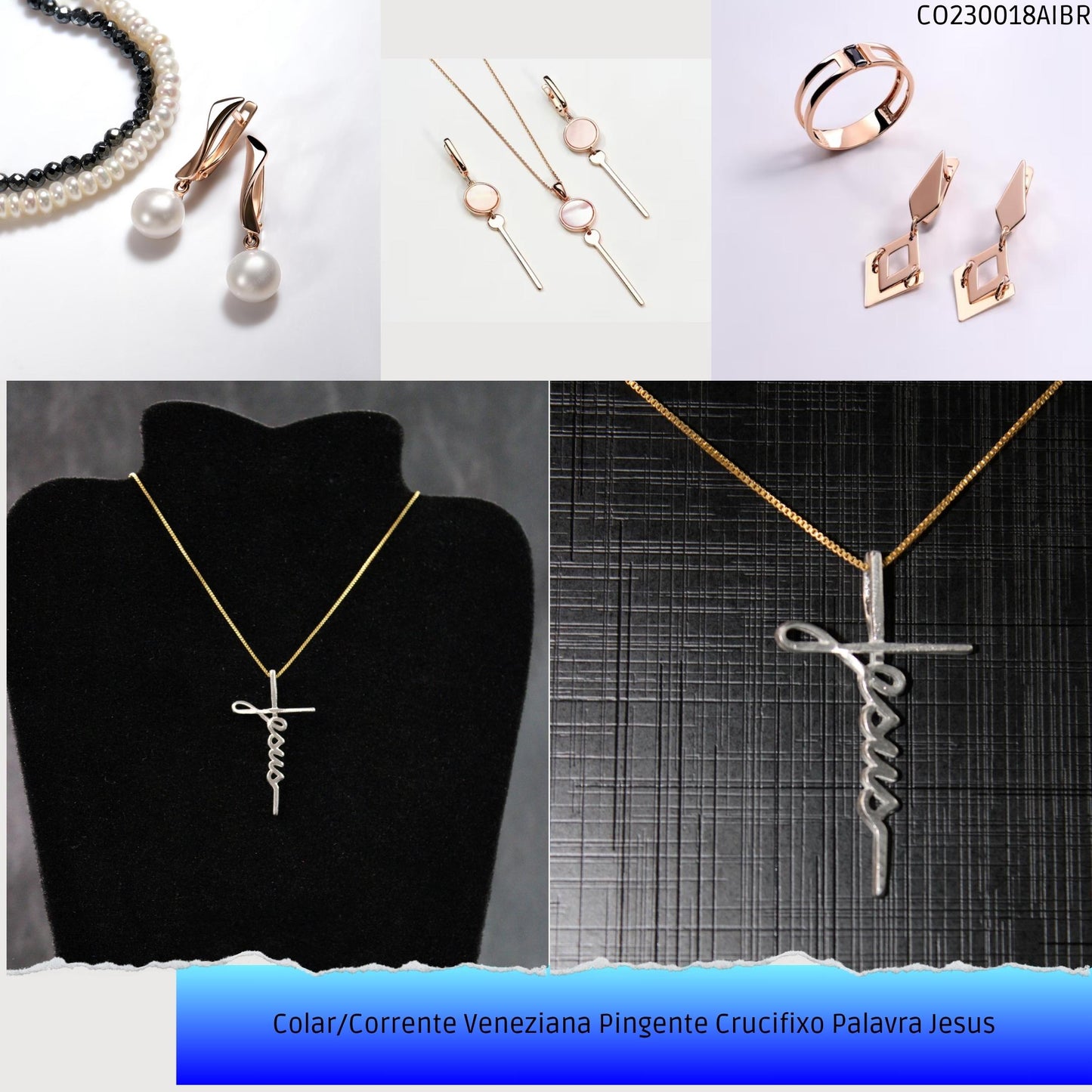 Colar/Corrente Veneziana Pingente Crucifixo Palavra Jesus  - Código.: CO230018AIBR  - Peso.: 4.1 gr