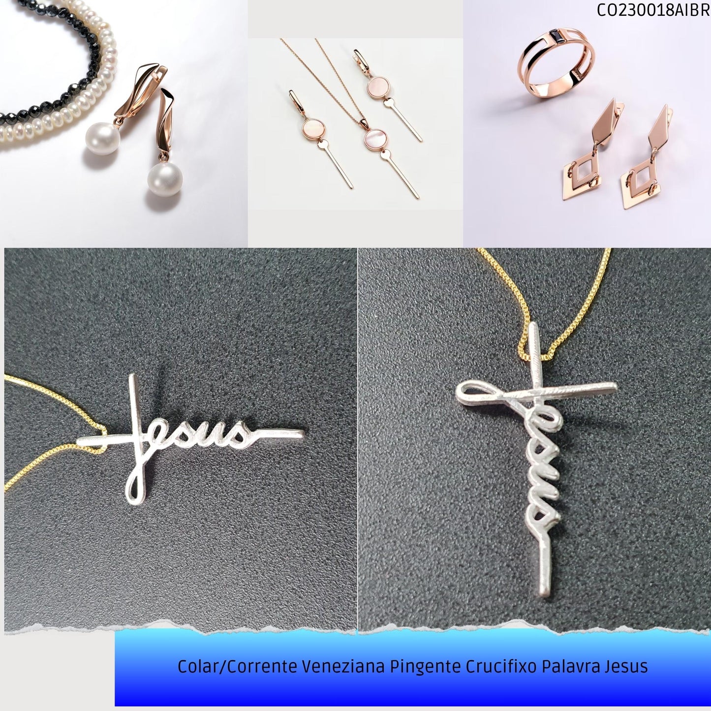 Colar/Corrente Veneziana Pingente Crucifixo Palavra Jesus  - Código.: CO230018AIBR  - Peso.: 4.1 gr