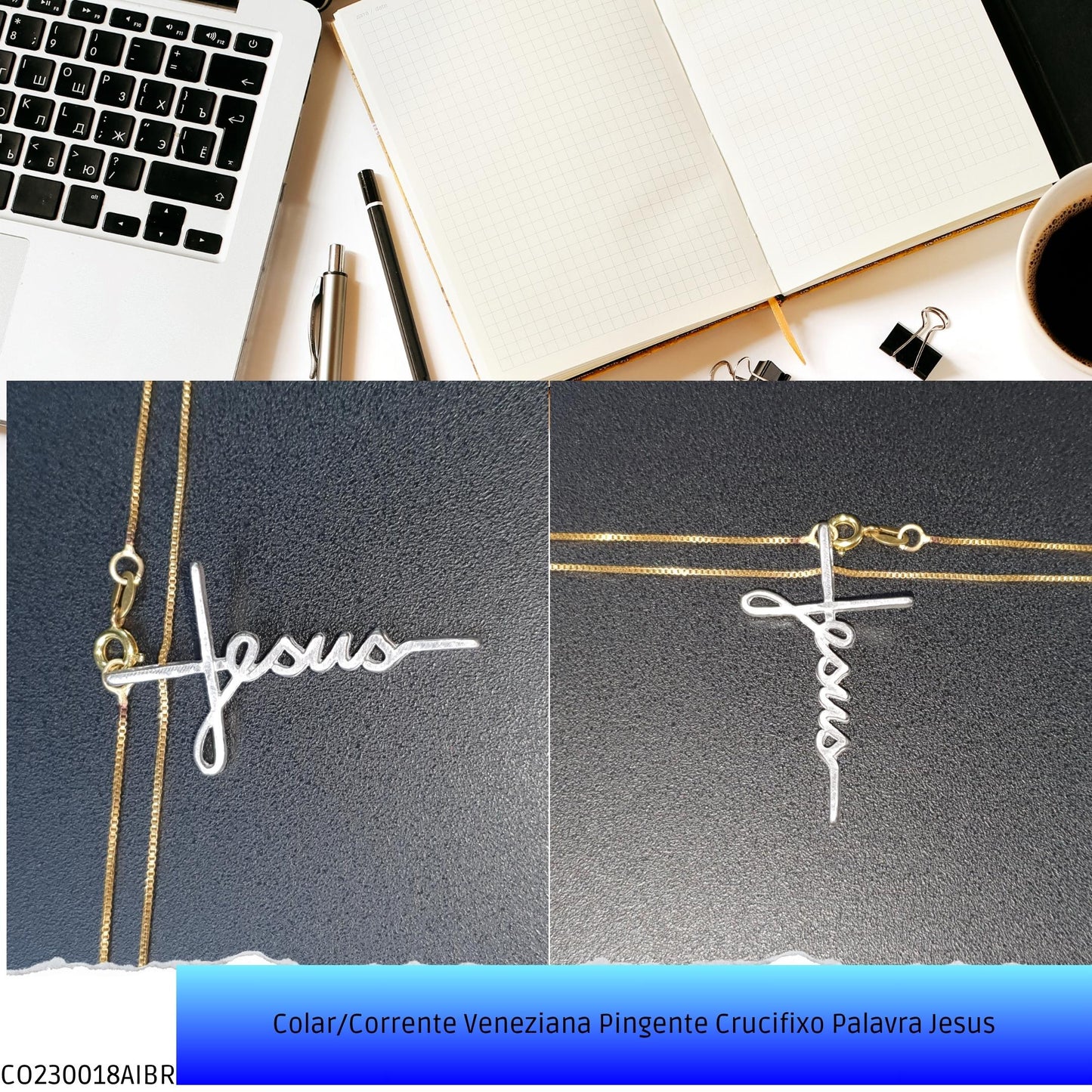 Colar/Corrente Veneziana Pingente Crucifixo Palavra Jesus  - Código.: CO230018AIBR  - Peso.: 4.1 gr