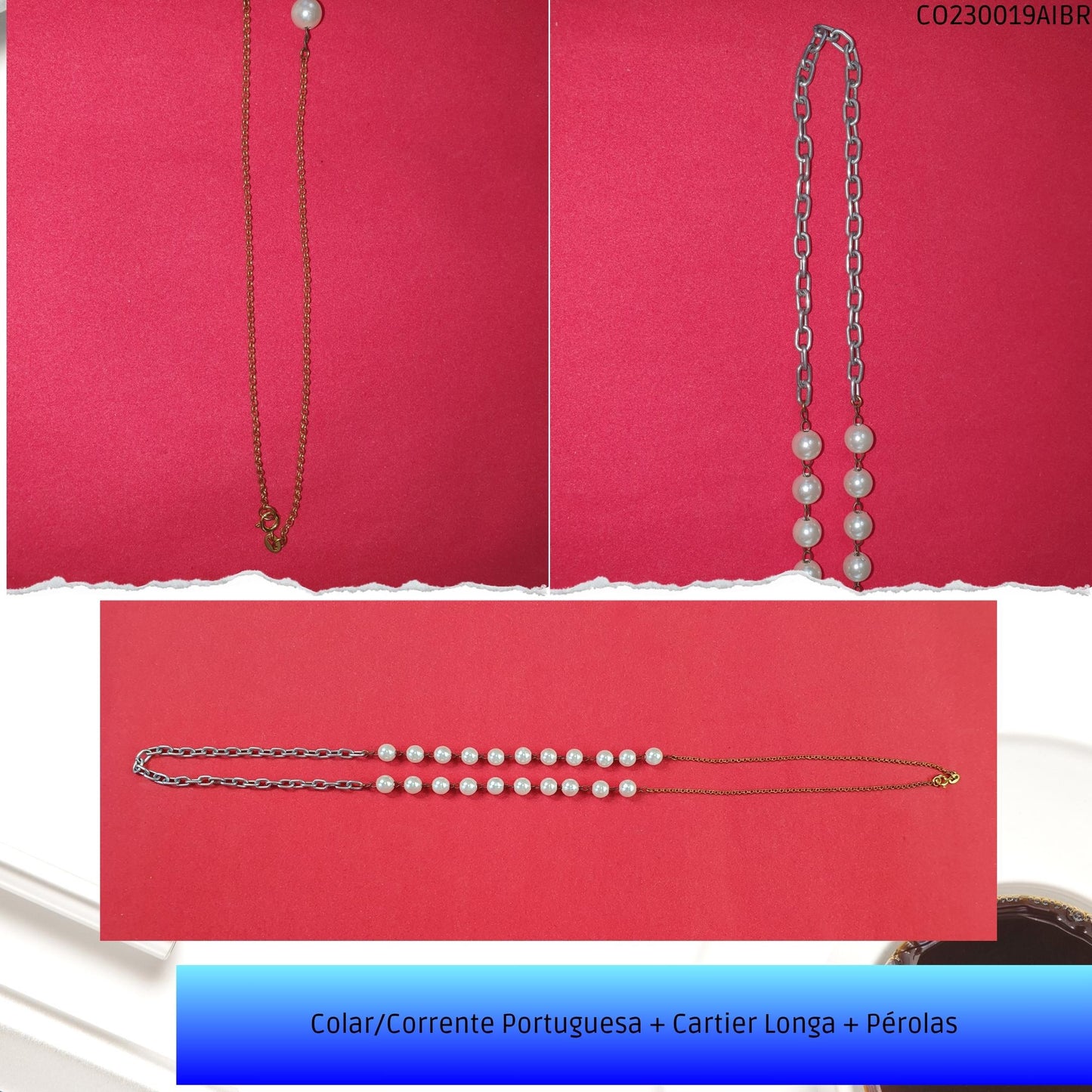 Colar/Corrente Portuguesa + Cartier Longa + Pérolas  - Código.: CO230019AIBR  - Peso.: 10.2 gr