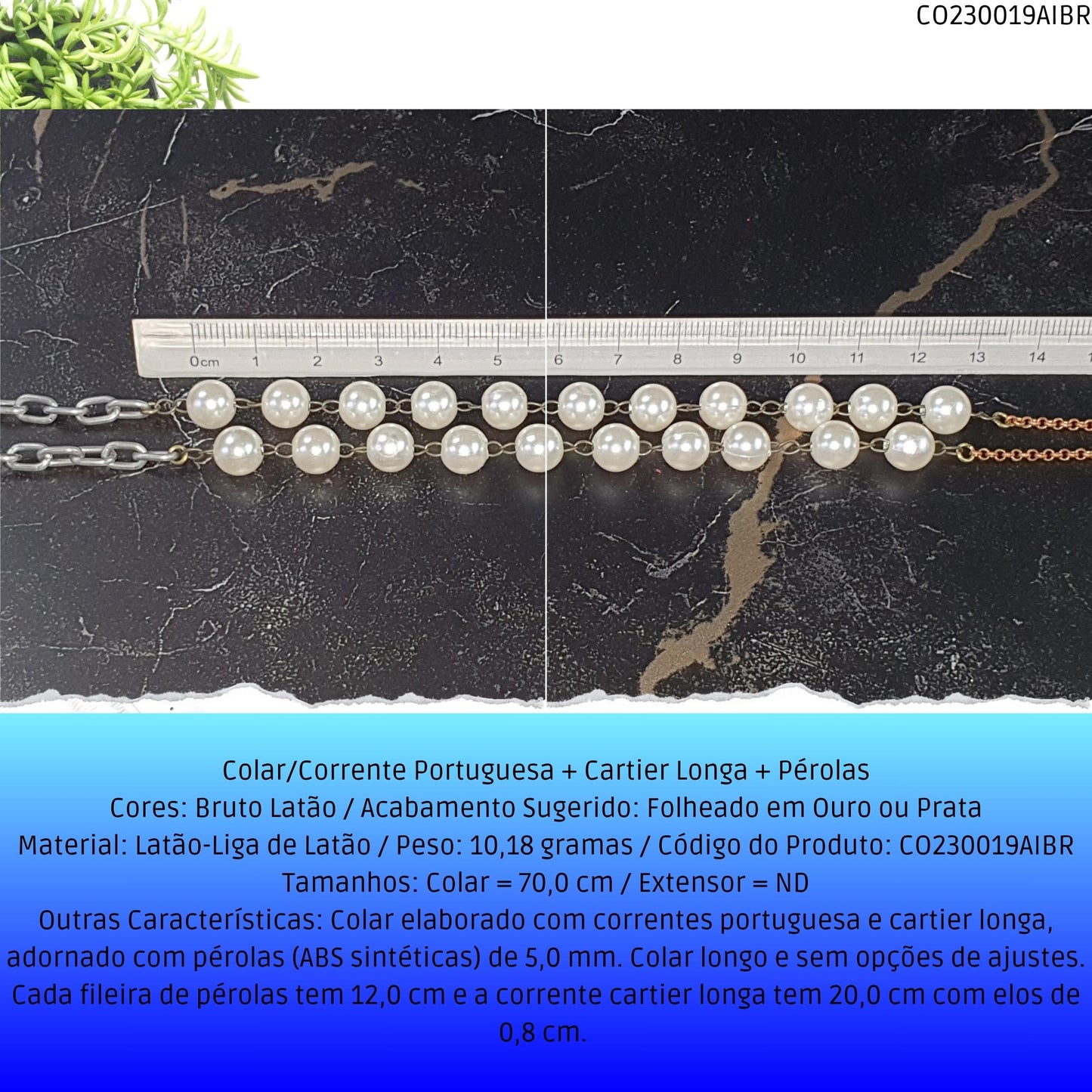 Colar/Corrente Portuguesa + Cartier Longa + Pérolas  - Código.: CO230019AIBR  - Peso.: 10.2 gr