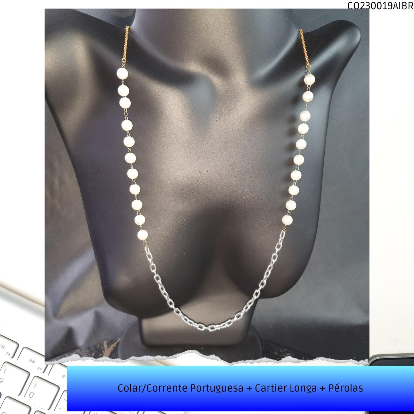 Colar/Corrente Portuguesa + Cartier Longa + Pérolas  - Código.: CO230019AIBR  - Peso.: 10.2 gr