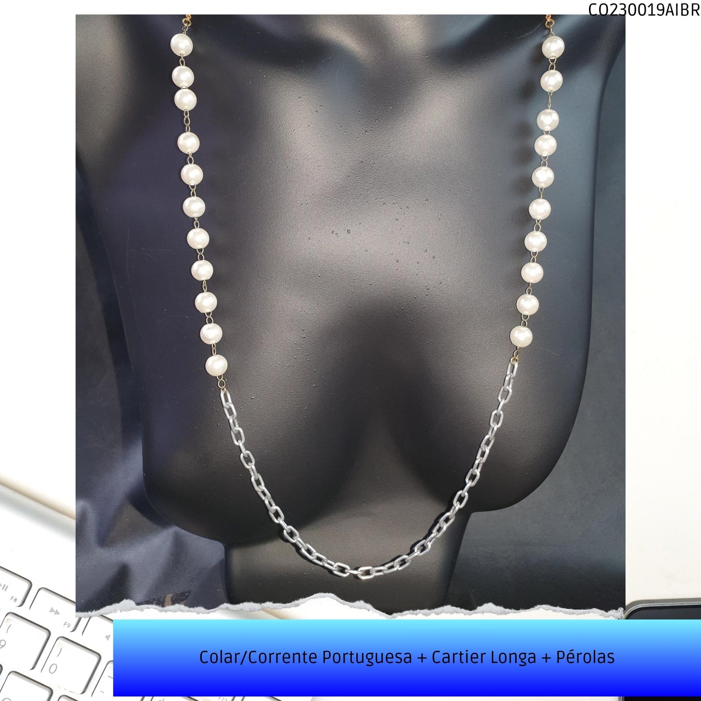 Colar/Corrente Portuguesa + Cartier Longa + Pérolas  - Código.: CO230019AIBR  - Peso.: 10.2 gr