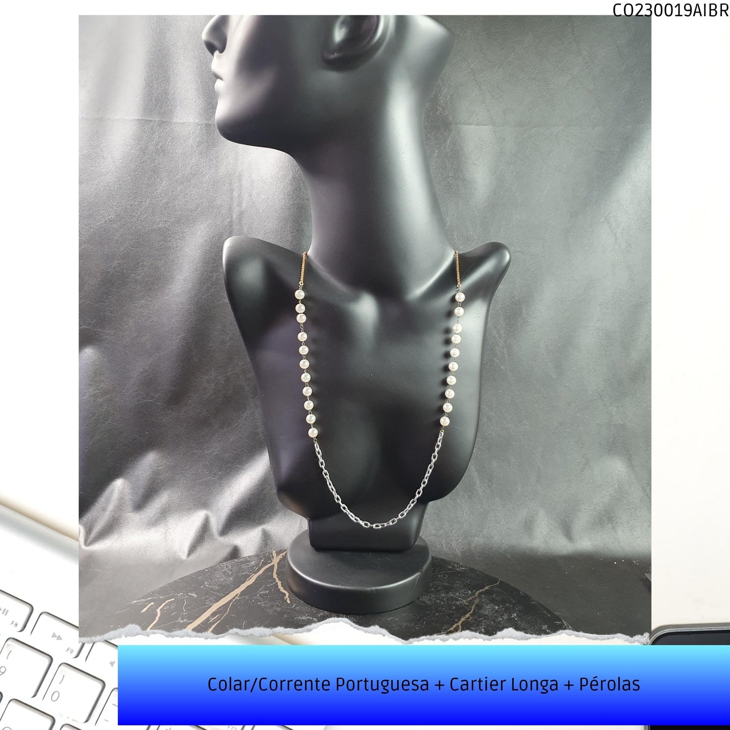 Colar/Corrente Portuguesa + Cartier Longa + Pérolas  - Código.: CO230019AIBR  - Peso.: 10.2 gr