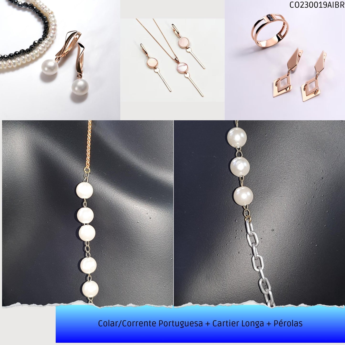 Colar/Corrente Portuguesa + Cartier Longa + Pérolas  - Código.: CO230019AIBR  - Peso.: 10.2 gr