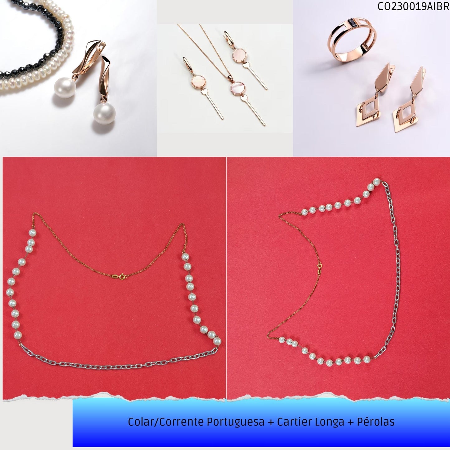 Colar/Corrente Portuguesa + Cartier Longa + Pérolas  - Código.: CO230019AIBR  - Peso.: 10.2 gr