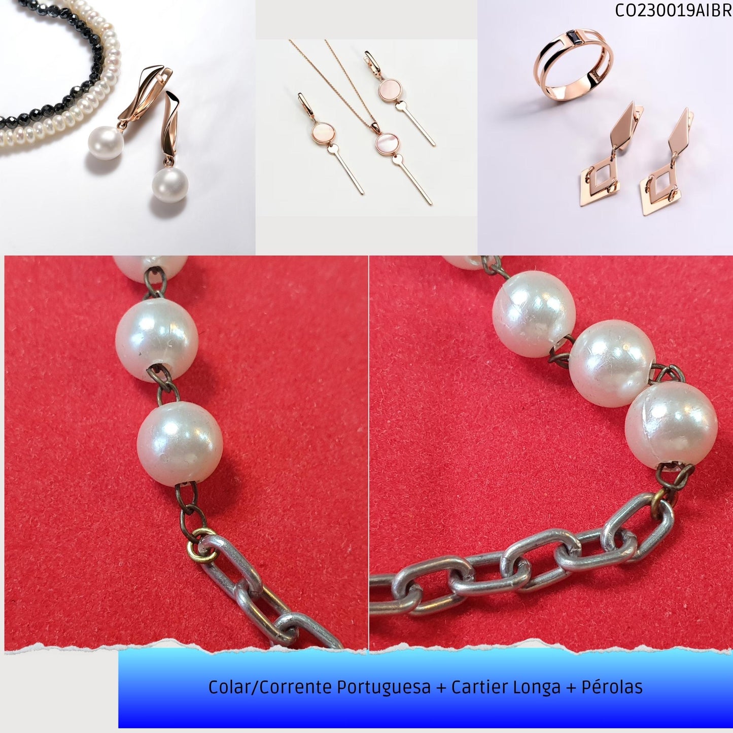Colar/Corrente Portuguesa + Cartier Longa + Pérolas  - Código.: CO230019AIBR  - Peso.: 10.2 gr