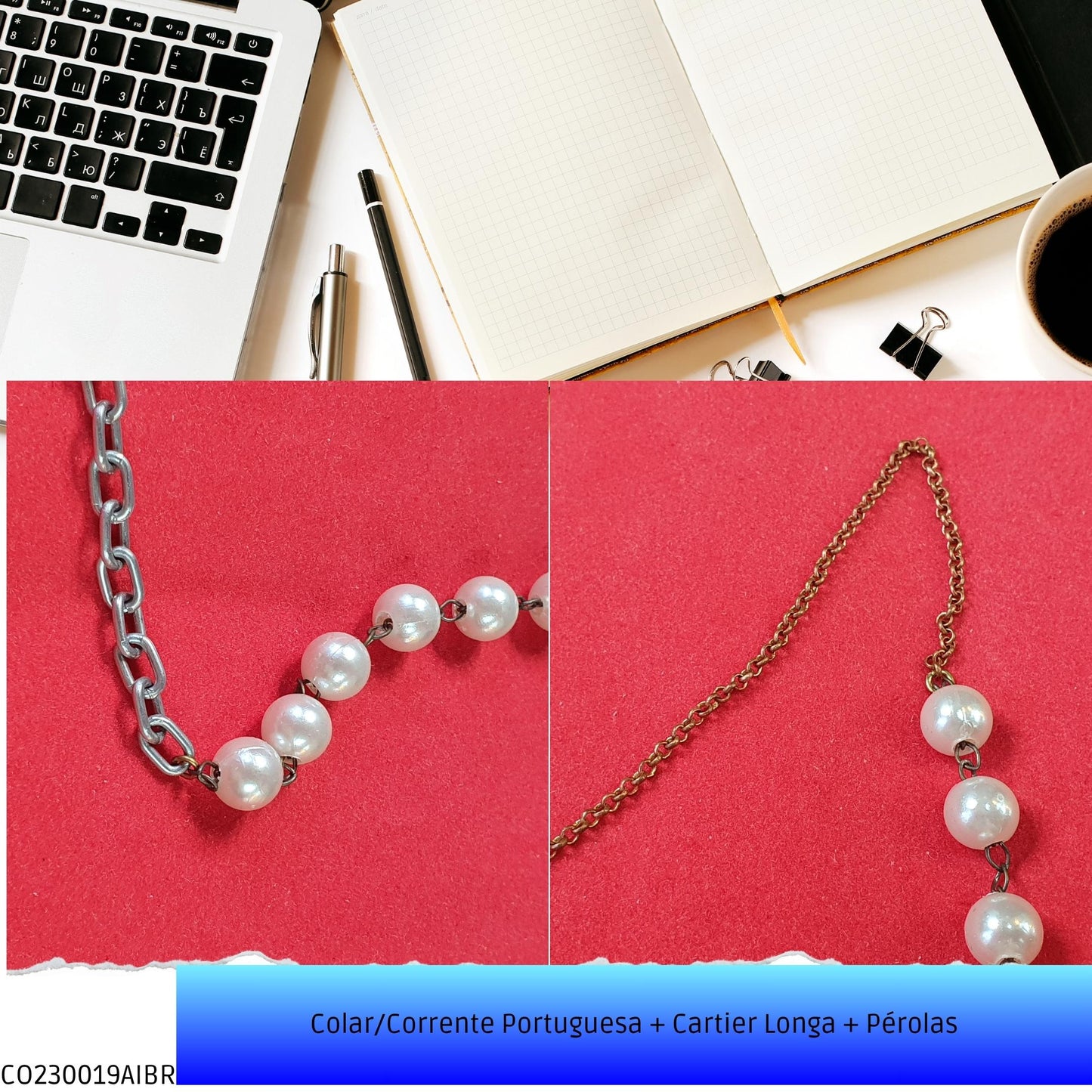 Colar/Corrente Portuguesa + Cartier Longa + Pérolas  - Código.: CO230019AIBR  - Peso.: 10.2 gr