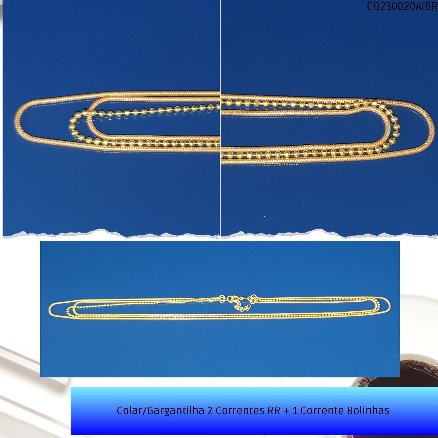 Colar/Gargantilha 2 Correntes RR + 1 Corrente Bolinhas   - Código.: CO230020AIBR  - Peso.: 8.9 gr