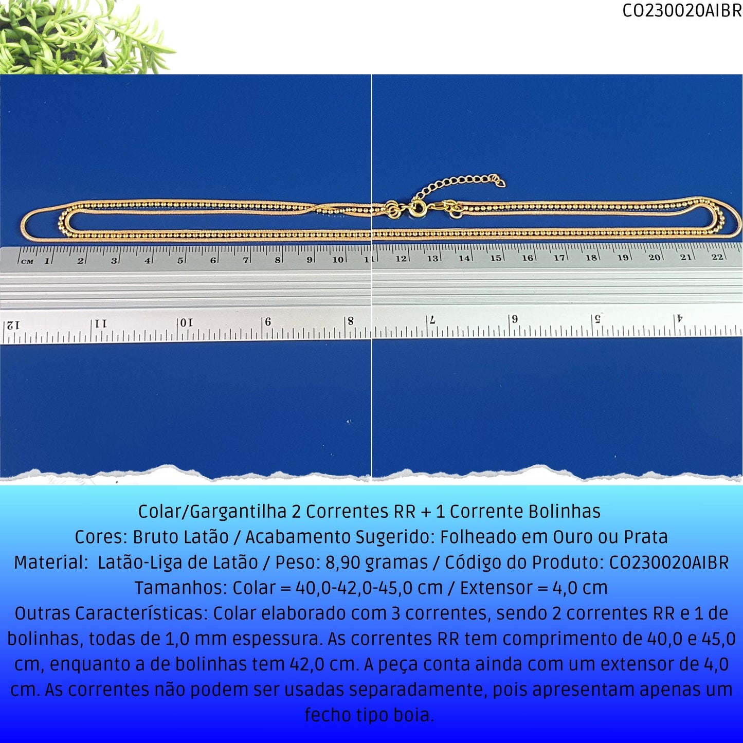 Colar/Gargantilha 2 Correntes RR + 1 Corrente Bolinhas   - Código.: CO230020AIBR  - Peso.: 8.9 gr
