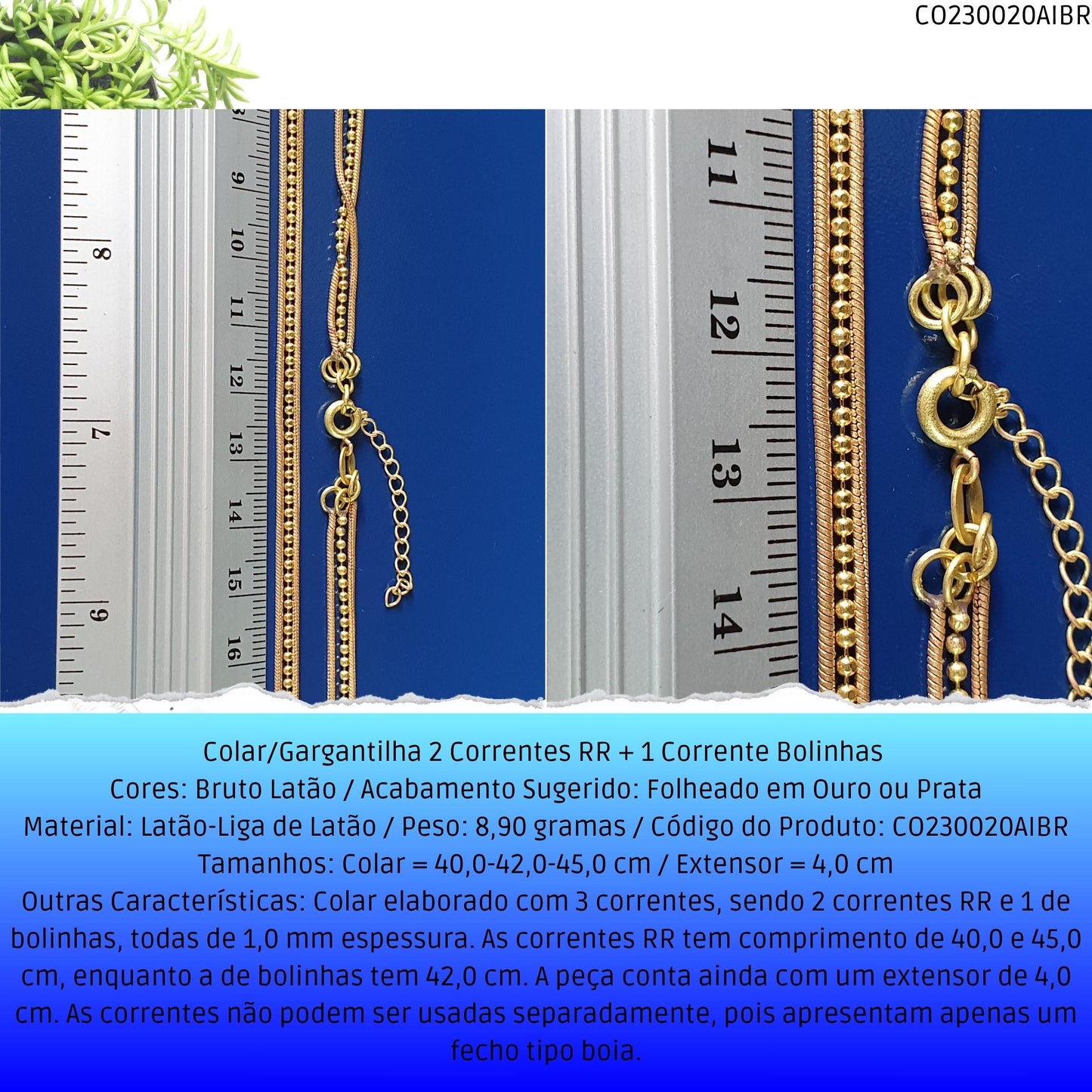 Colar/Gargantilha 2 Correntes RR + 1 Corrente Bolinhas   - Código.: CO230020AIBR  - Peso.: 8.9 gr
