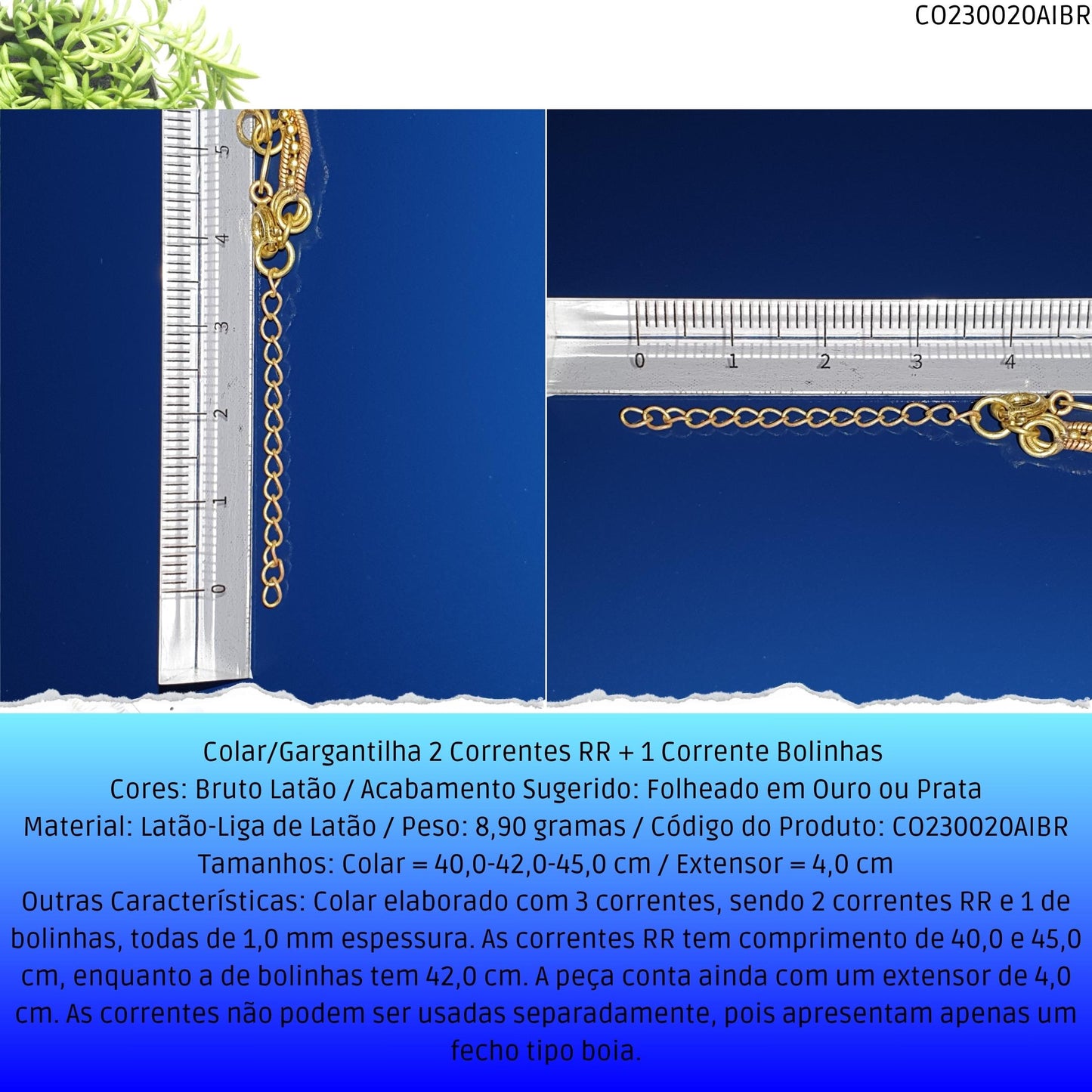 Colar/Gargantilha 2 Correntes RR + 1 Corrente Bolinhas   - Código.: CO230020AIBR  - Peso.: 8.9 gr