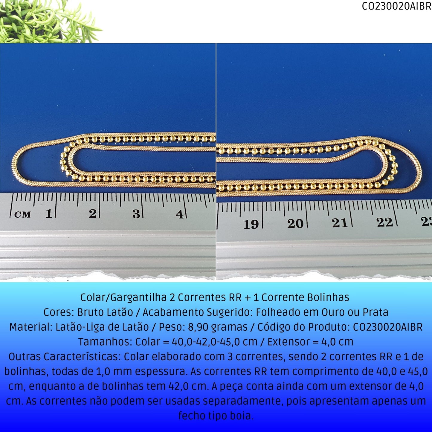 Colar/Gargantilha 2 Correntes RR + 1 Corrente Bolinhas   - Código.: CO230020AIBR  - Peso.: 8.9 gr