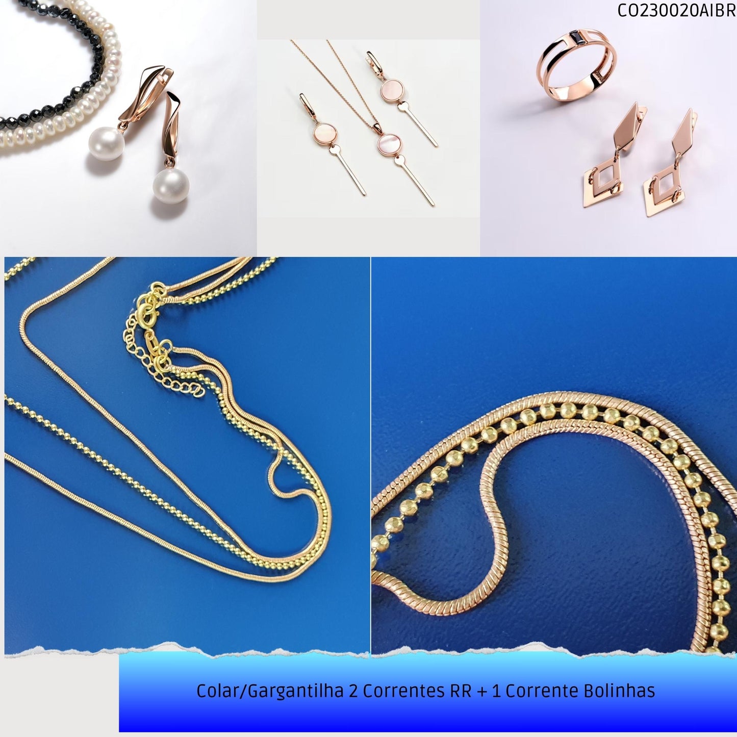 Colar/Gargantilha 2 Correntes RR + 1 Corrente Bolinhas   - Código.: CO230020AIBR  - Peso.: 8.9 gr