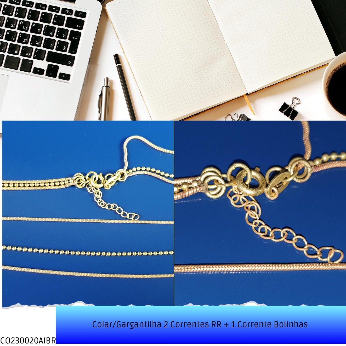 Colar/Gargantilha 2 Correntes RR + 1 Corrente Bolinhas   - Código.: CO230020AIBR  - Peso.: 8.9 gr