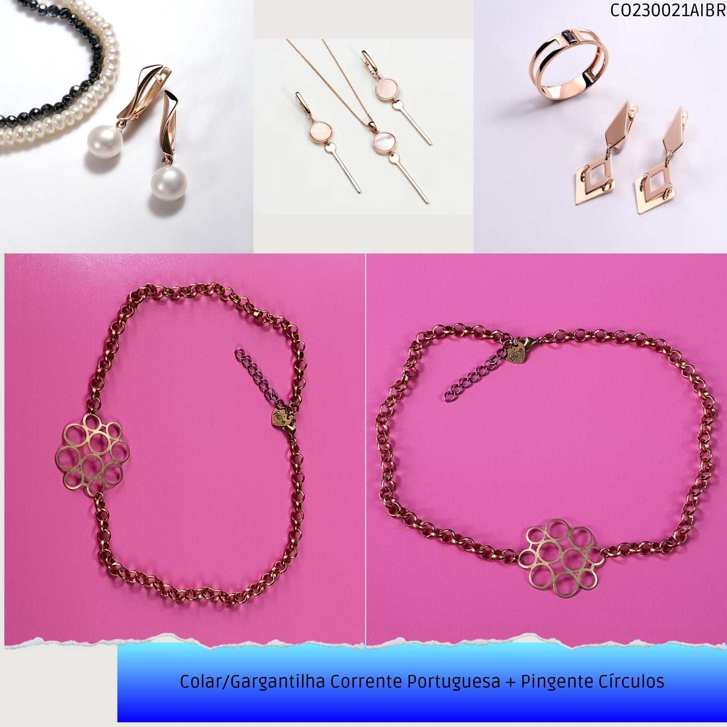 Colar/Gargantilha Corrente Portuguesa + Pingente Círculos  - Código.: CO230021AIBR  - Peso.: 16.0 gr