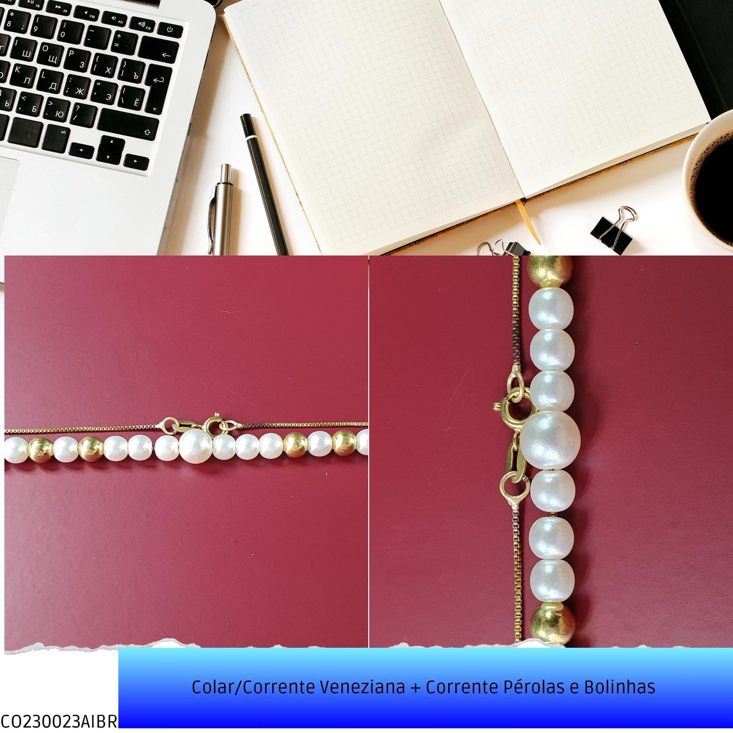 Colar/Corrente Veneziana + Corrente Pérolas e Bolinhas   - Código.: CO230023AIBR  - Peso.: 5.3 gr