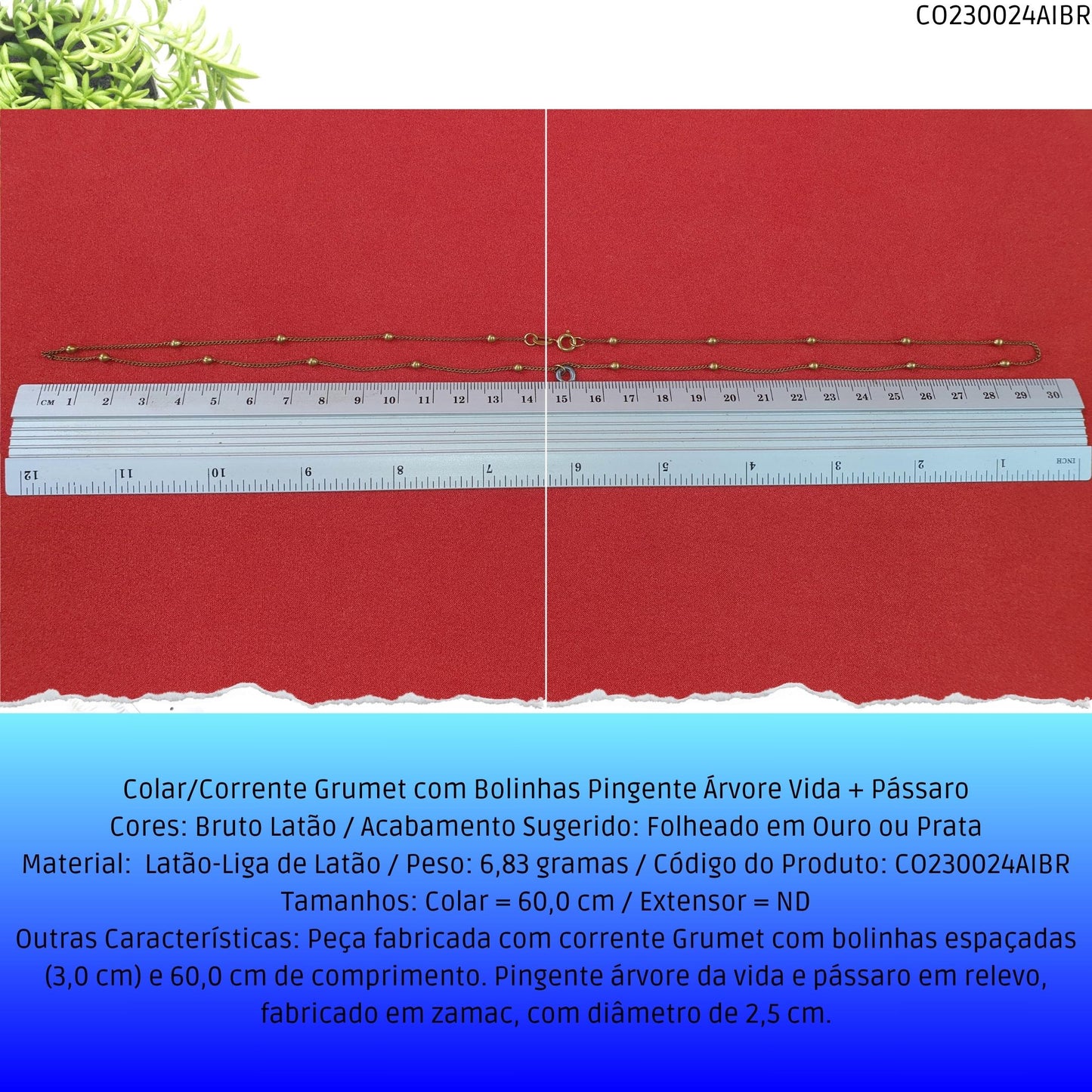 Colar/Corrente Grumet com Bolinhas Pingente Árvore Vida + Pássaro  - Código.: CO230024AIBR  - Peso.: 6.8 gr