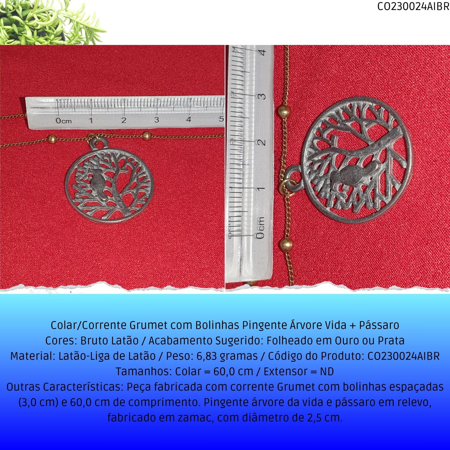 Colar/Corrente Grumet com Bolinhas Pingente Árvore Vida + Pássaro  - Código.: CO230024AIBR  - Peso.: 6.8 gr